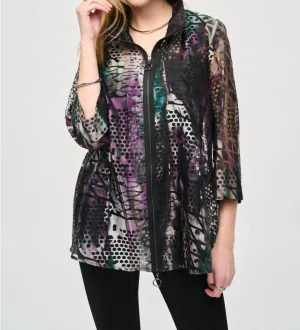 Abstract Print Zip Front Organza Jacket In Multi