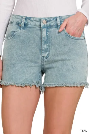 Acid Washed Frayed Hem Mid Rise Shorts In Teal
