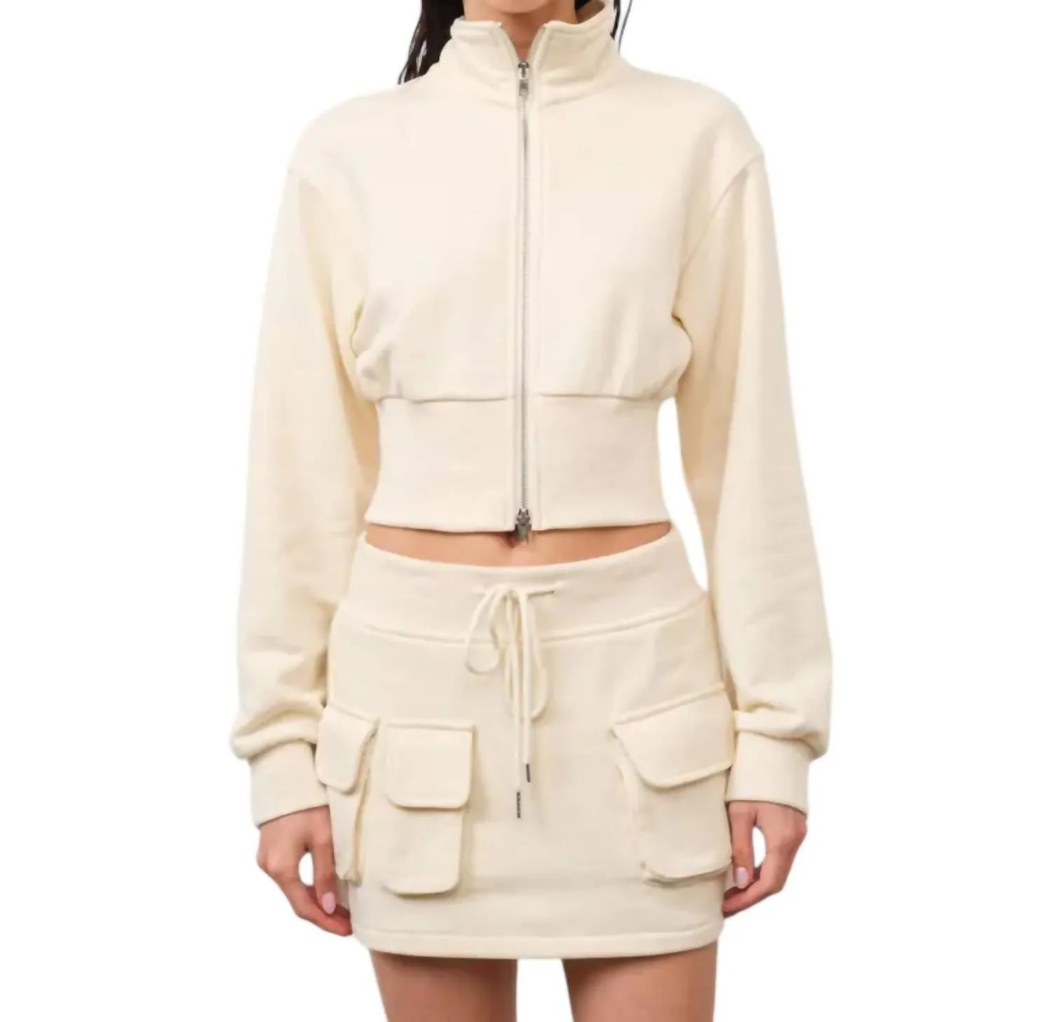 Alicia Cropped 2-Way Zip Up Jacket In Ivory