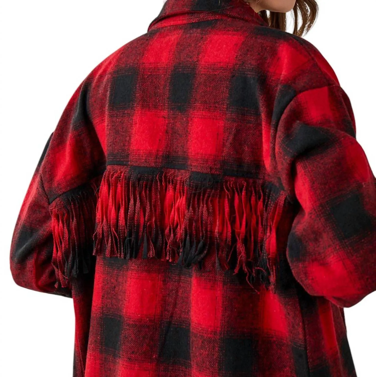 Andie Plaid Fringe Button Shacket In Red