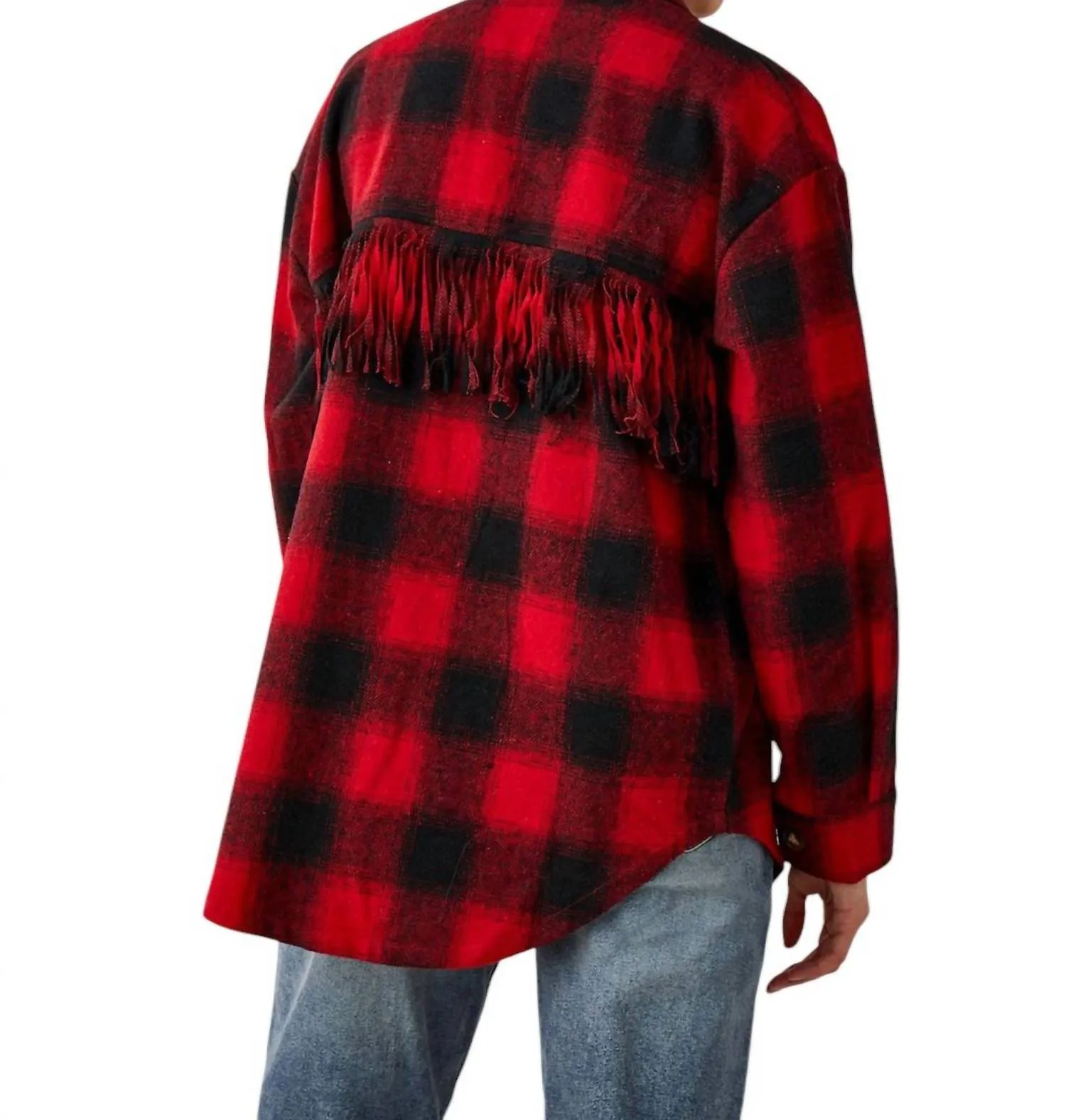 Andie Plaid Fringe Button Shacket In Red