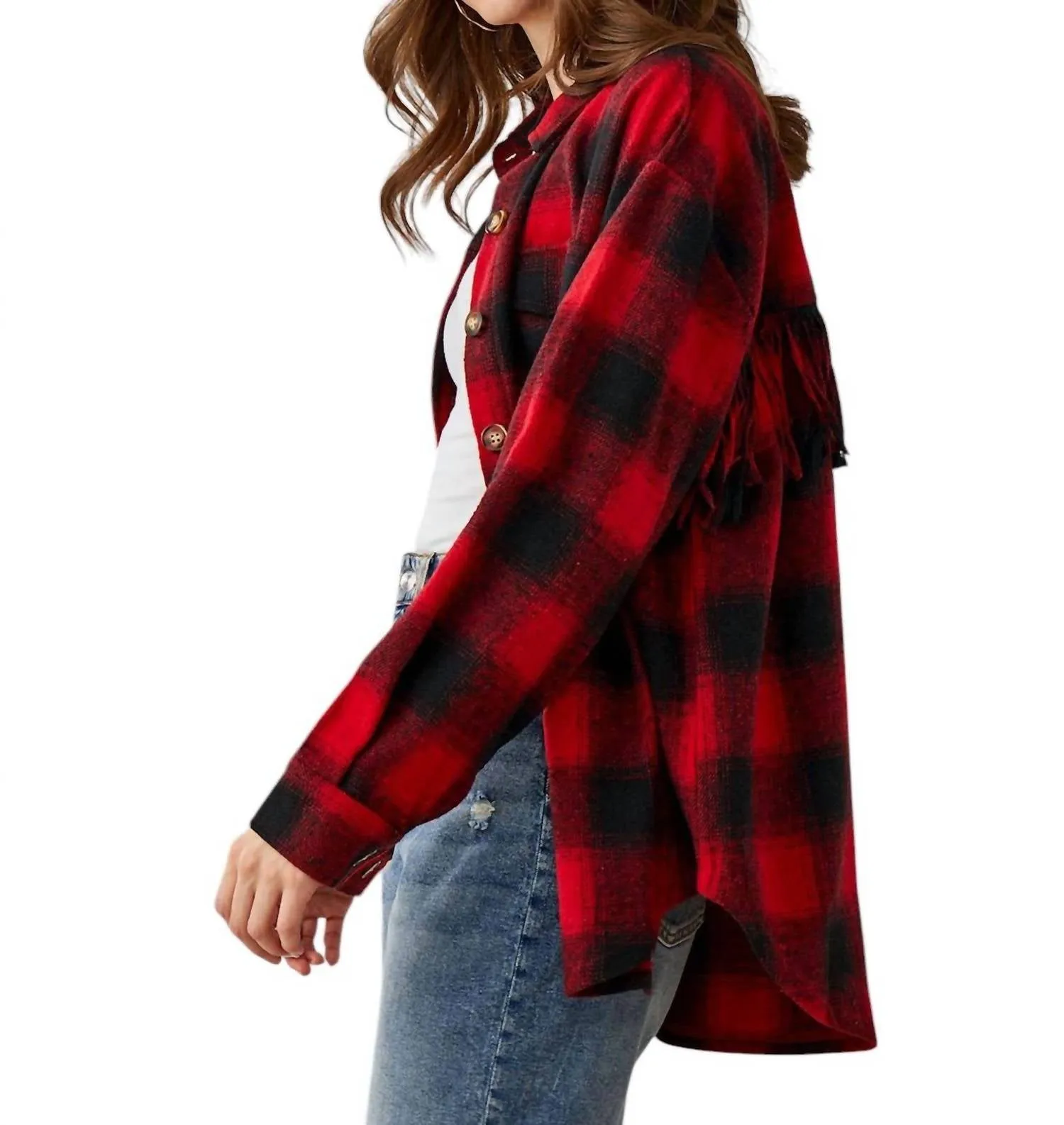 Andie Plaid Fringe Button Shacket In Red