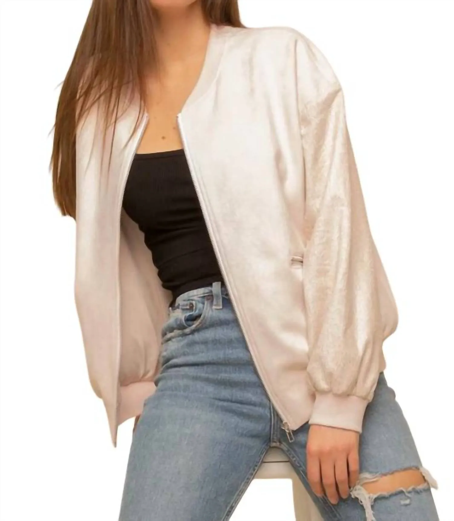 Animal Print Sleeve Bomber Jacket In Cream/blush
