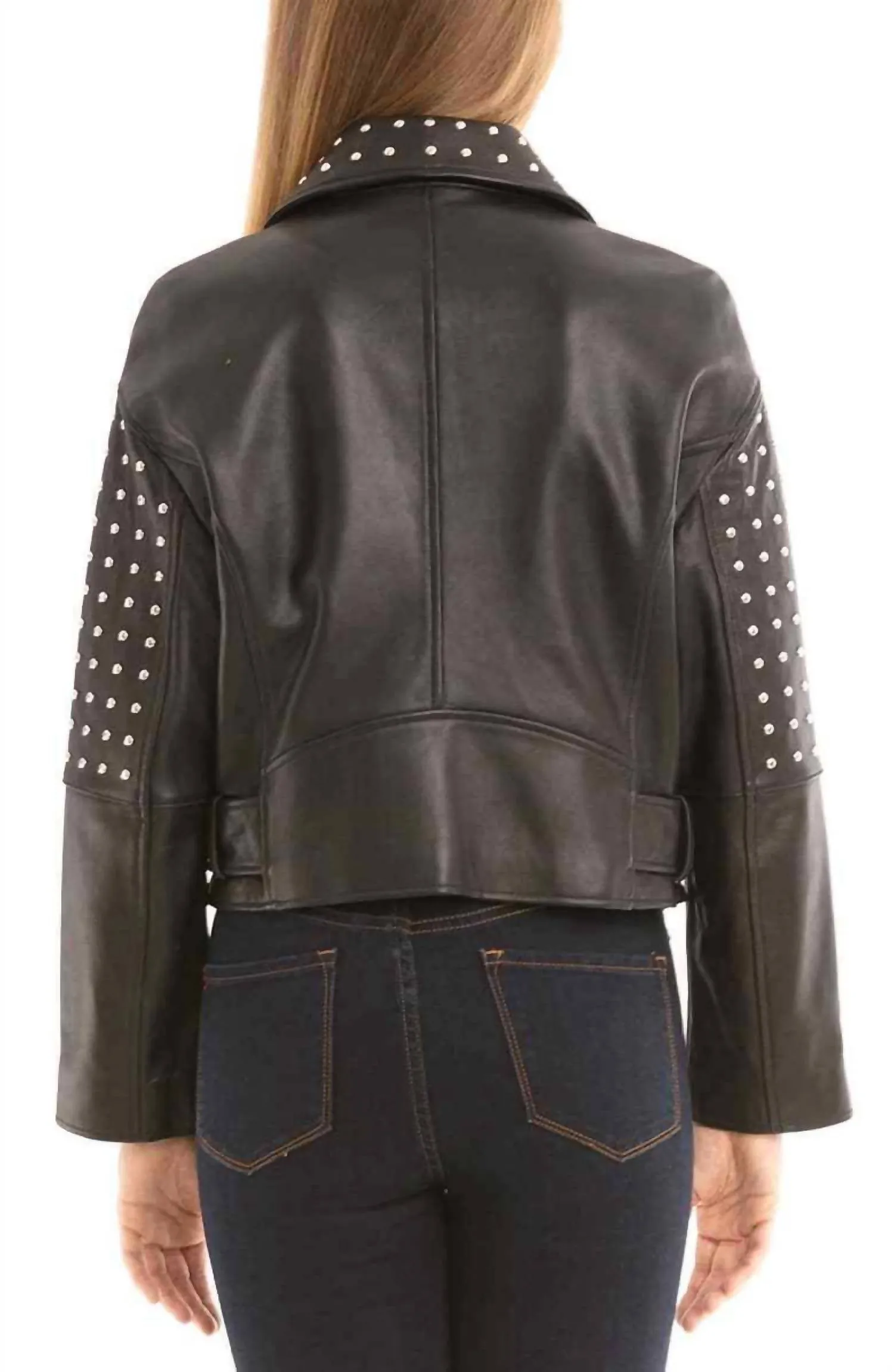 Belted Studded Moto Biker Asymmetrical Leather Jacket In Black