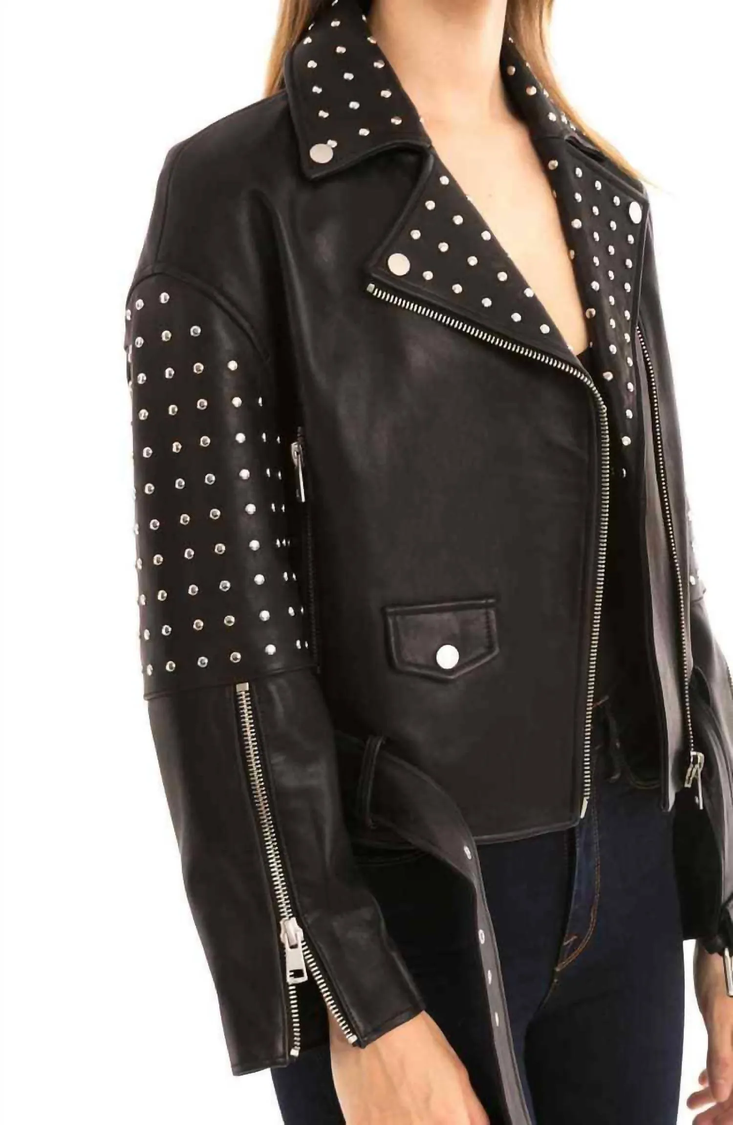 Belted Studded Moto Biker Asymmetrical Leather Jacket In Black