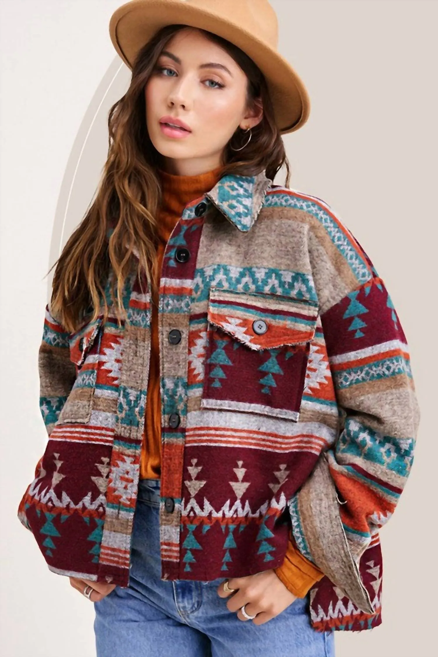 Boho Aztec Jacket In Wine