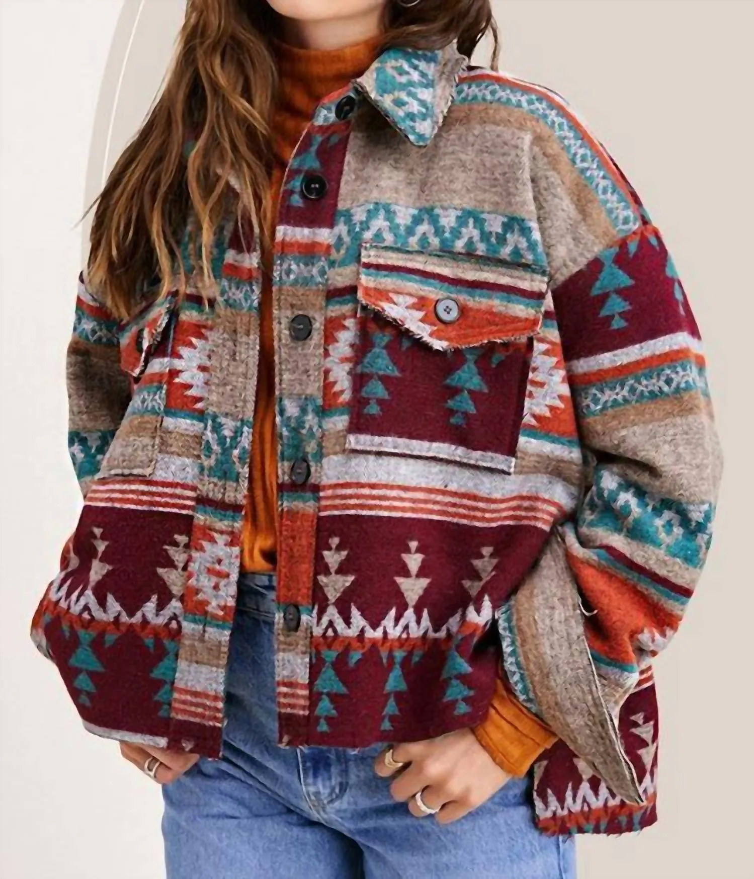 Boho Aztec Jacket In Wine