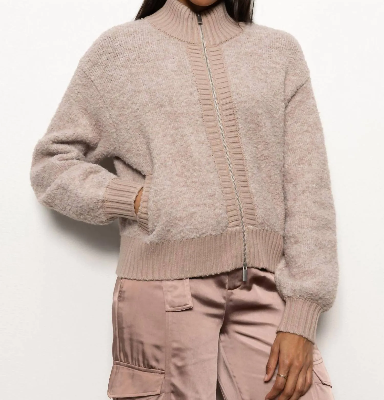 Boucle Knit Bomber Jacket In Feather