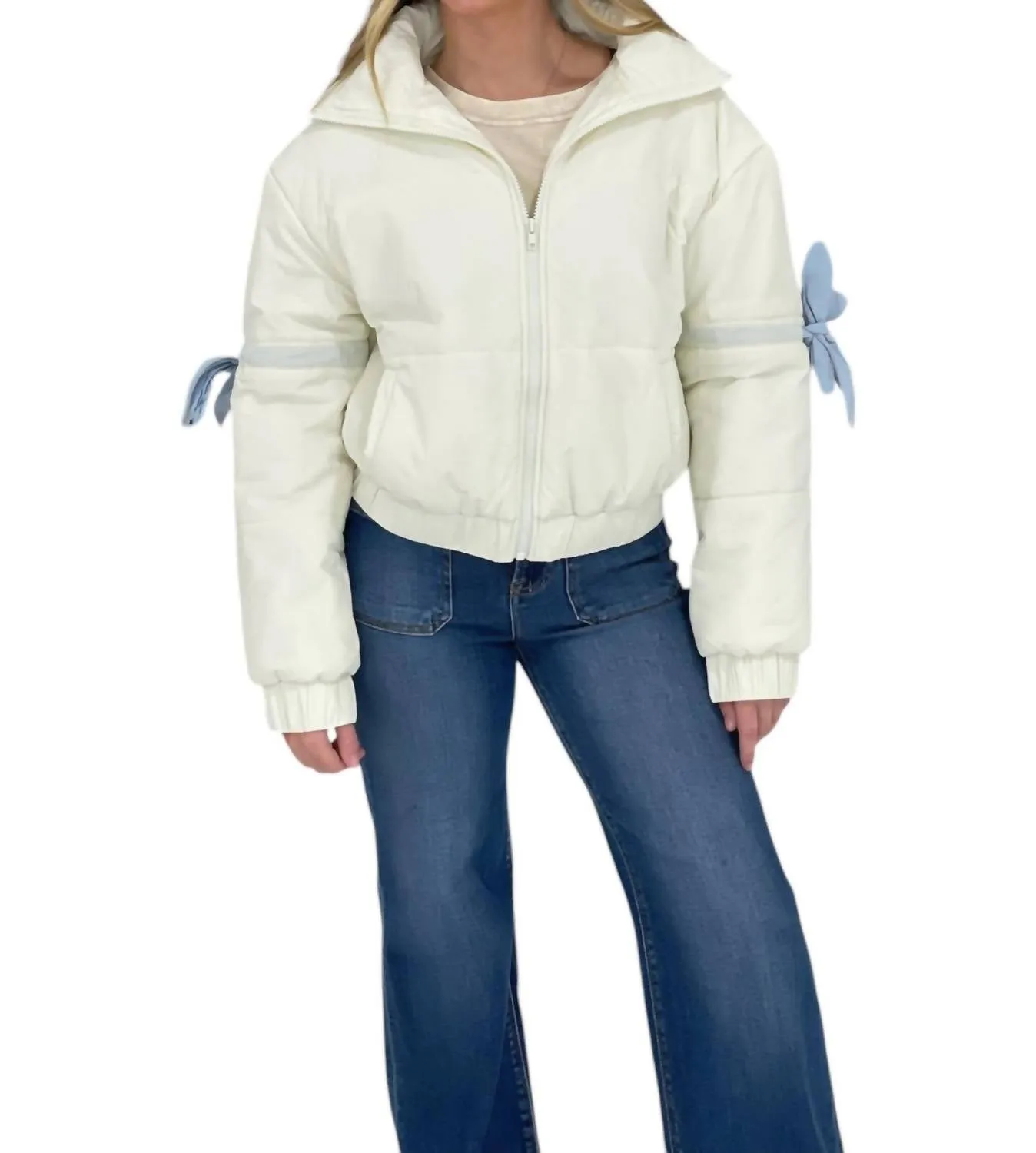 Bow Puffer Jacket In White