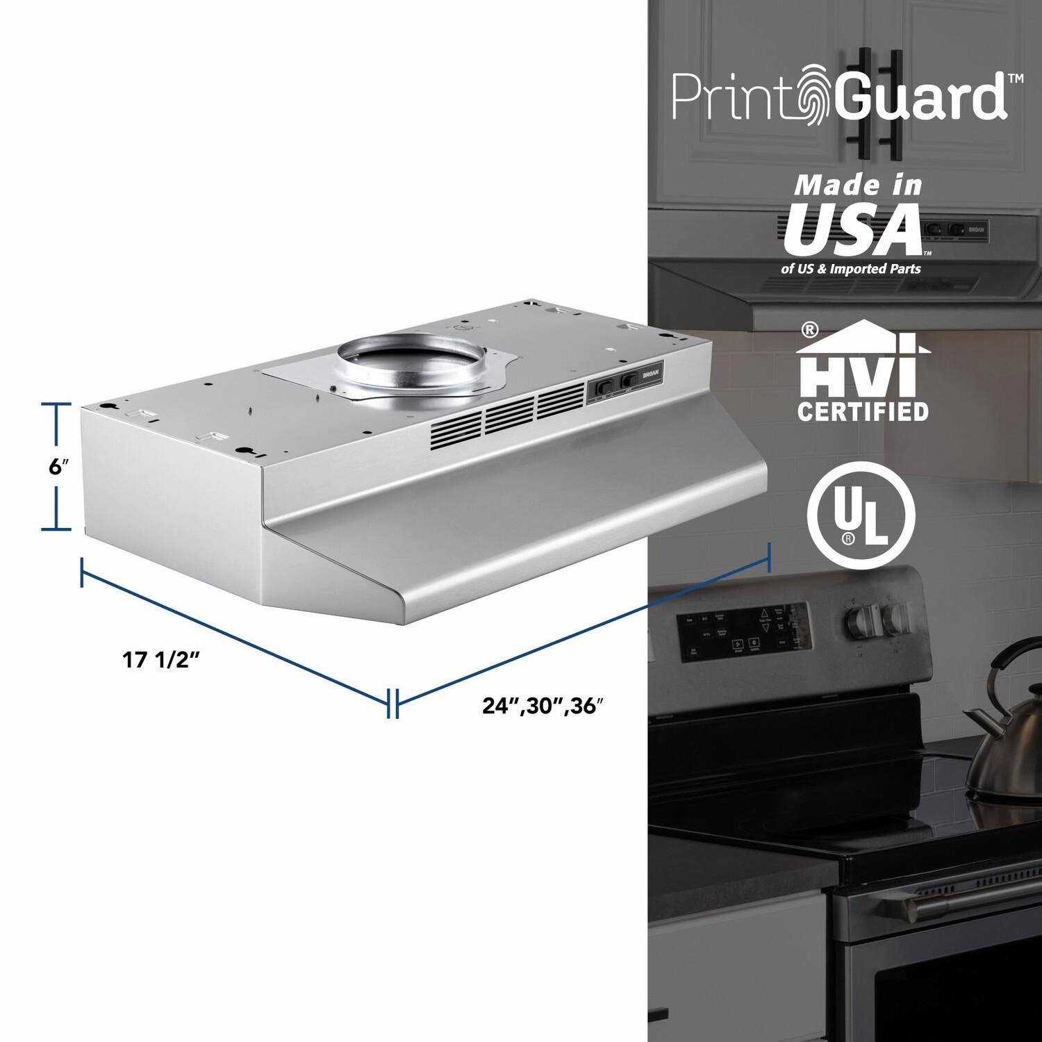 Broan F4030SF Broan 30-Inch Convertible Under-Cabinet Range Hood, Stainless Finish With Printguard&#8482;, 230 Max Blower Cfm