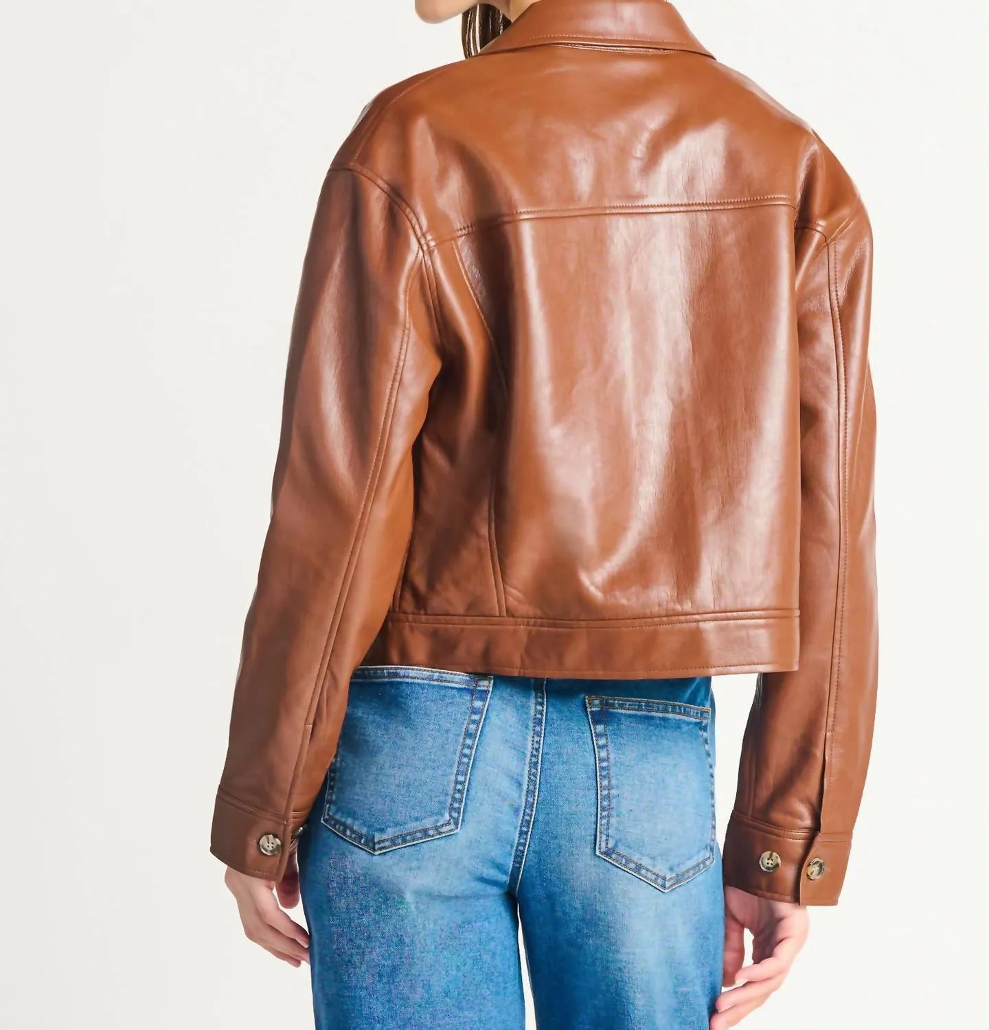 Button Front Faux Leather Jacket In Brown