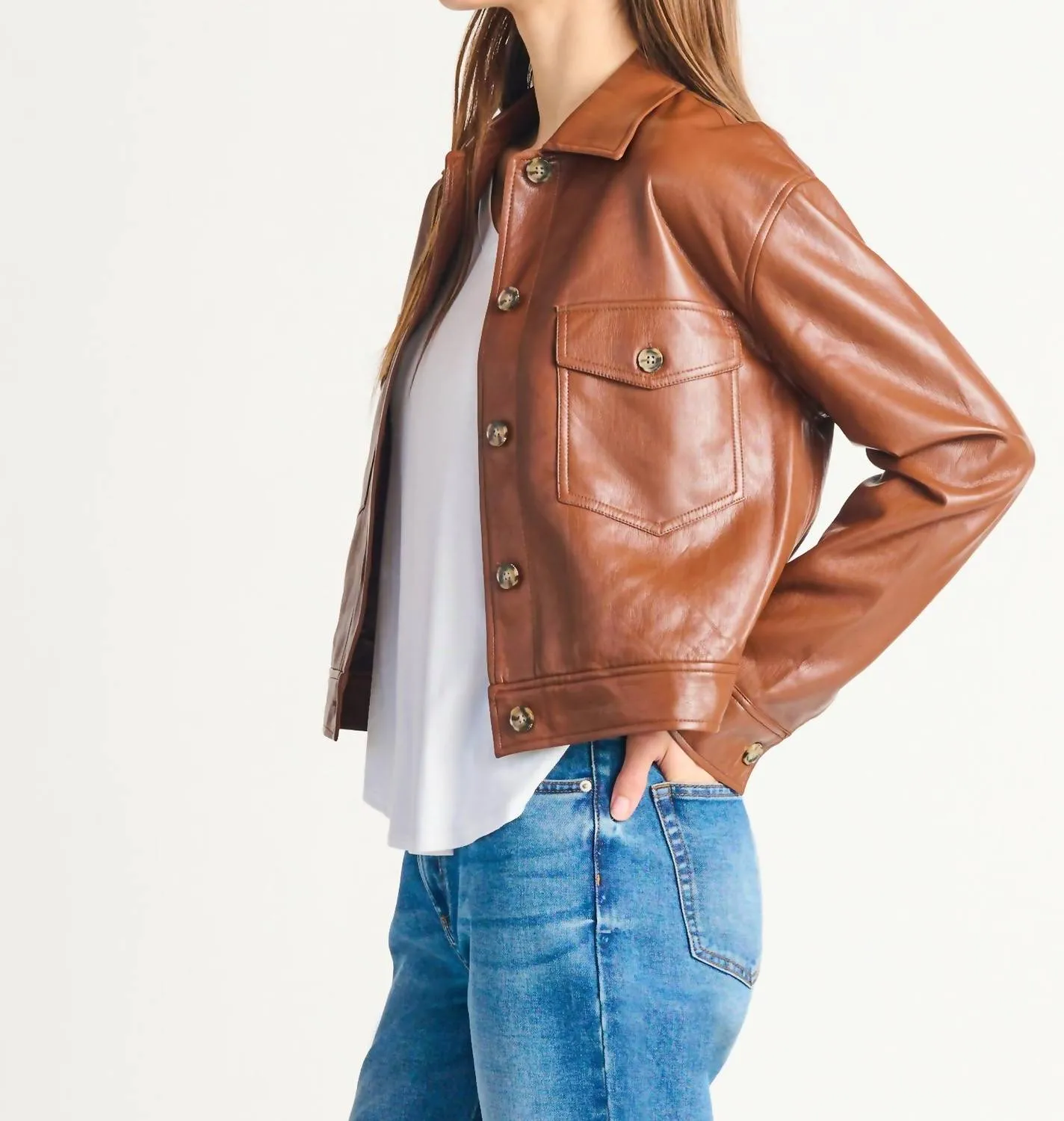 Button Front Faux Leather Jacket In Brown