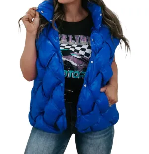 Button Woven Puffer Vest In Royal Blue