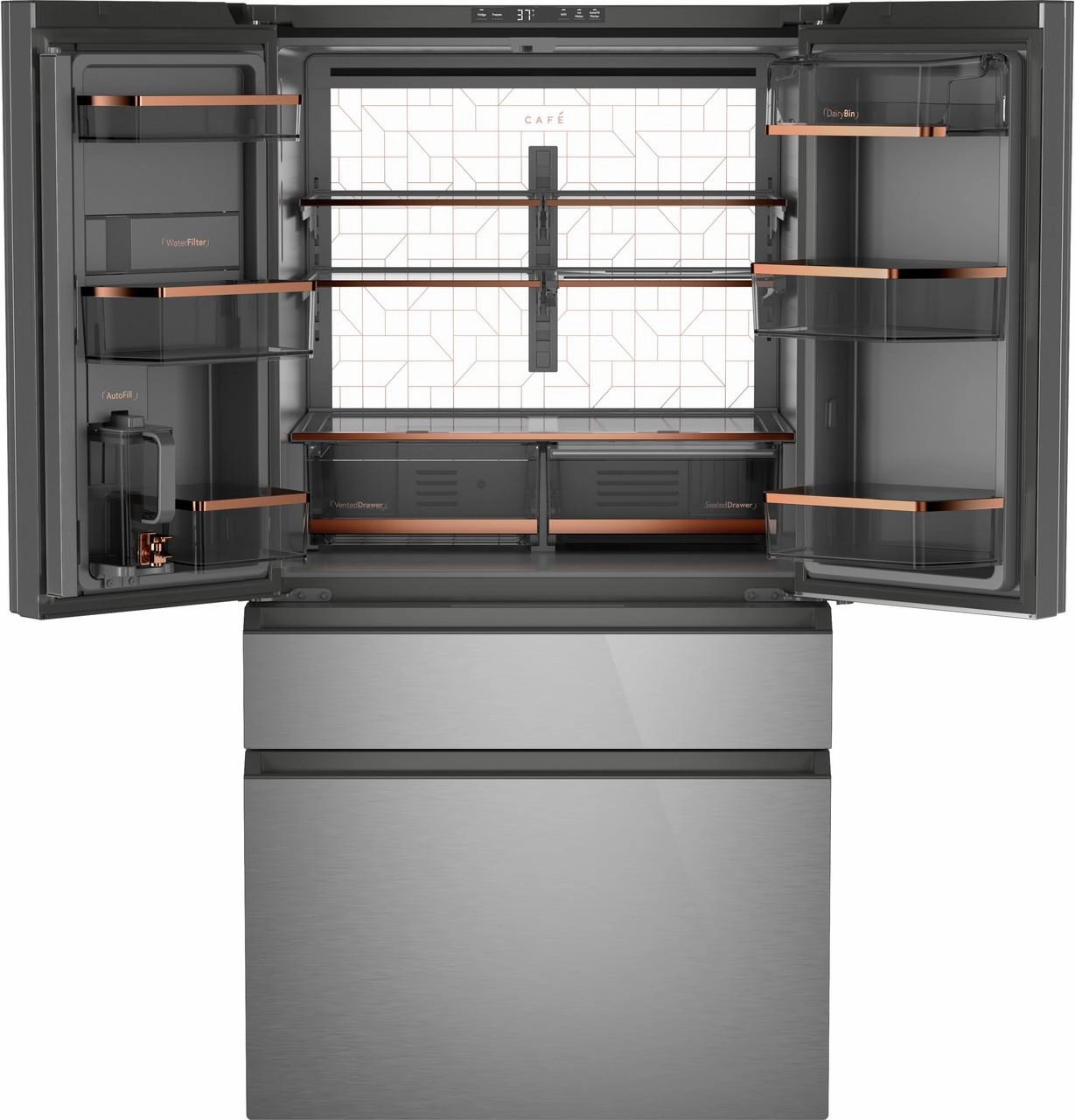 Cafe CGE29DM5TS5 Caf&#8482; Energy Star? 28.7 Cu. Ft. Smart 4-Door French-Door Refrigerator In Platinum Glass With Dual-Dispense Autofill Pitcher