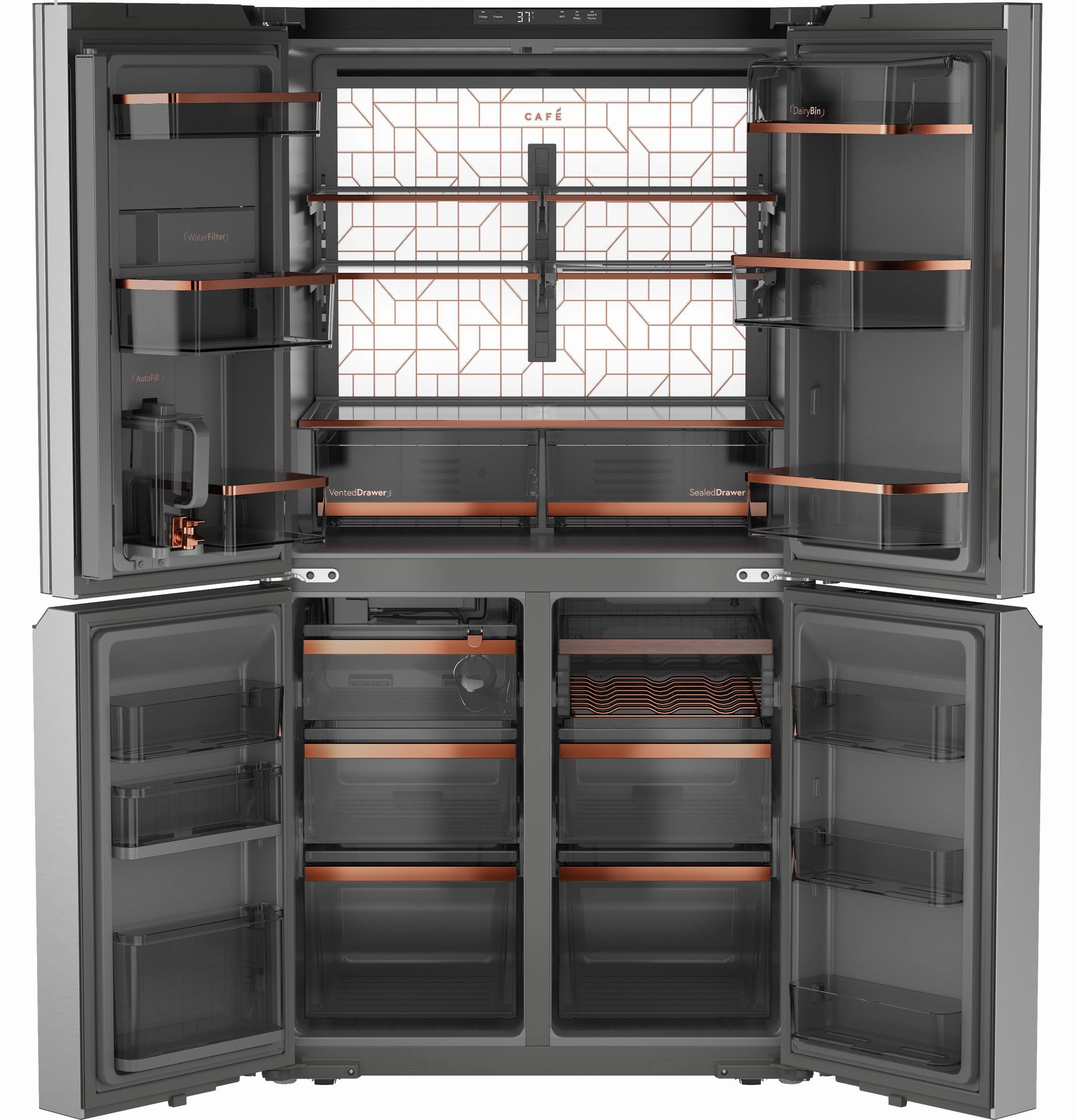 Cafe CHE23DM5WS5 Caf&#8482; Energy Star? 22.9 Cu. Ft. Smart Counter-Depth Quad-Door Refrigerator In Platinum Glass With Dual-Dispense Autofill Pitcher