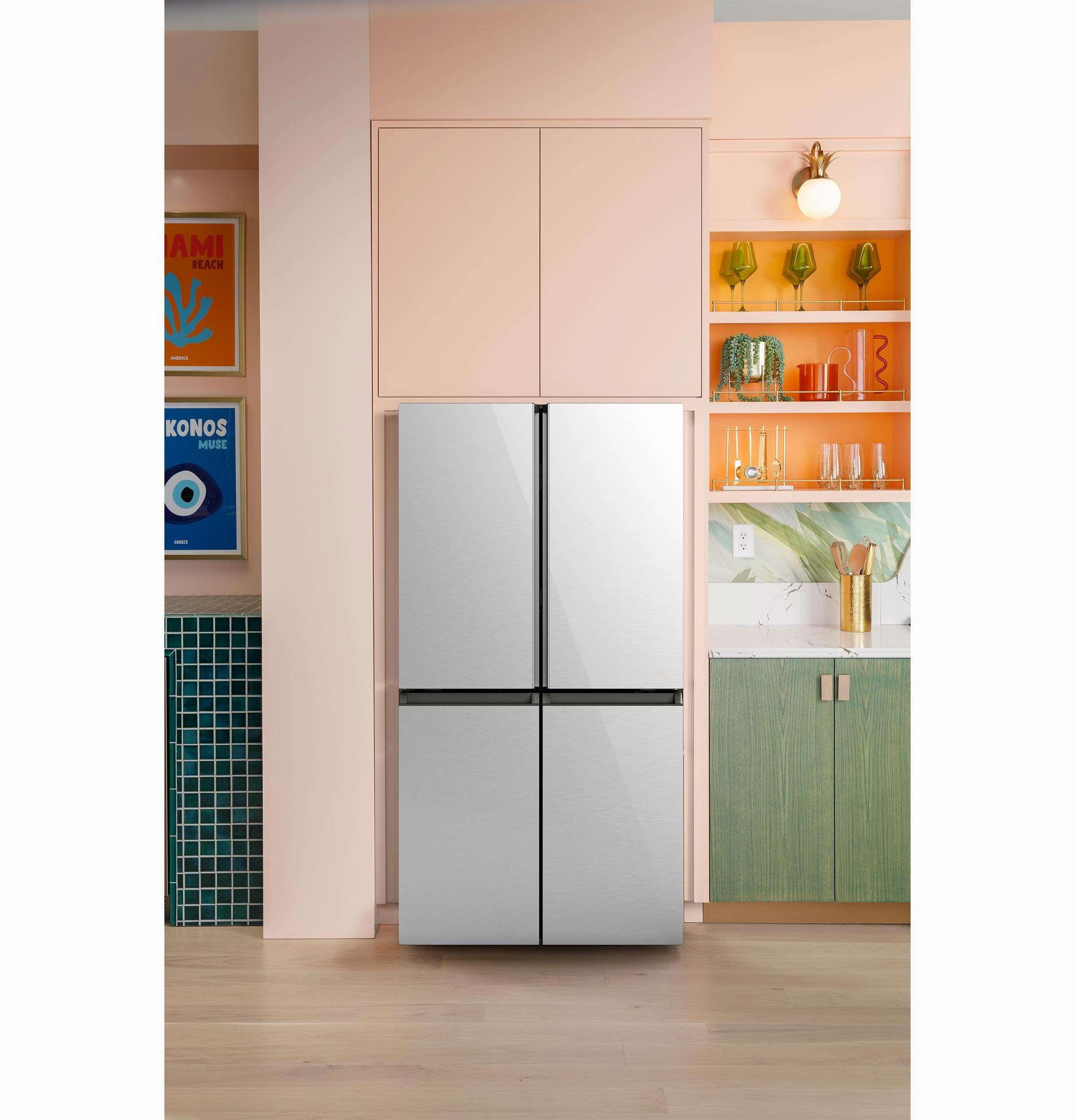 Cafe CHE23DM5WS5 Caf&#8482; Energy Star? 22.9 Cu. Ft. Smart Counter-Depth Quad-Door Refrigerator In Platinum Glass With Dual-Dispense Autofill Pitcher