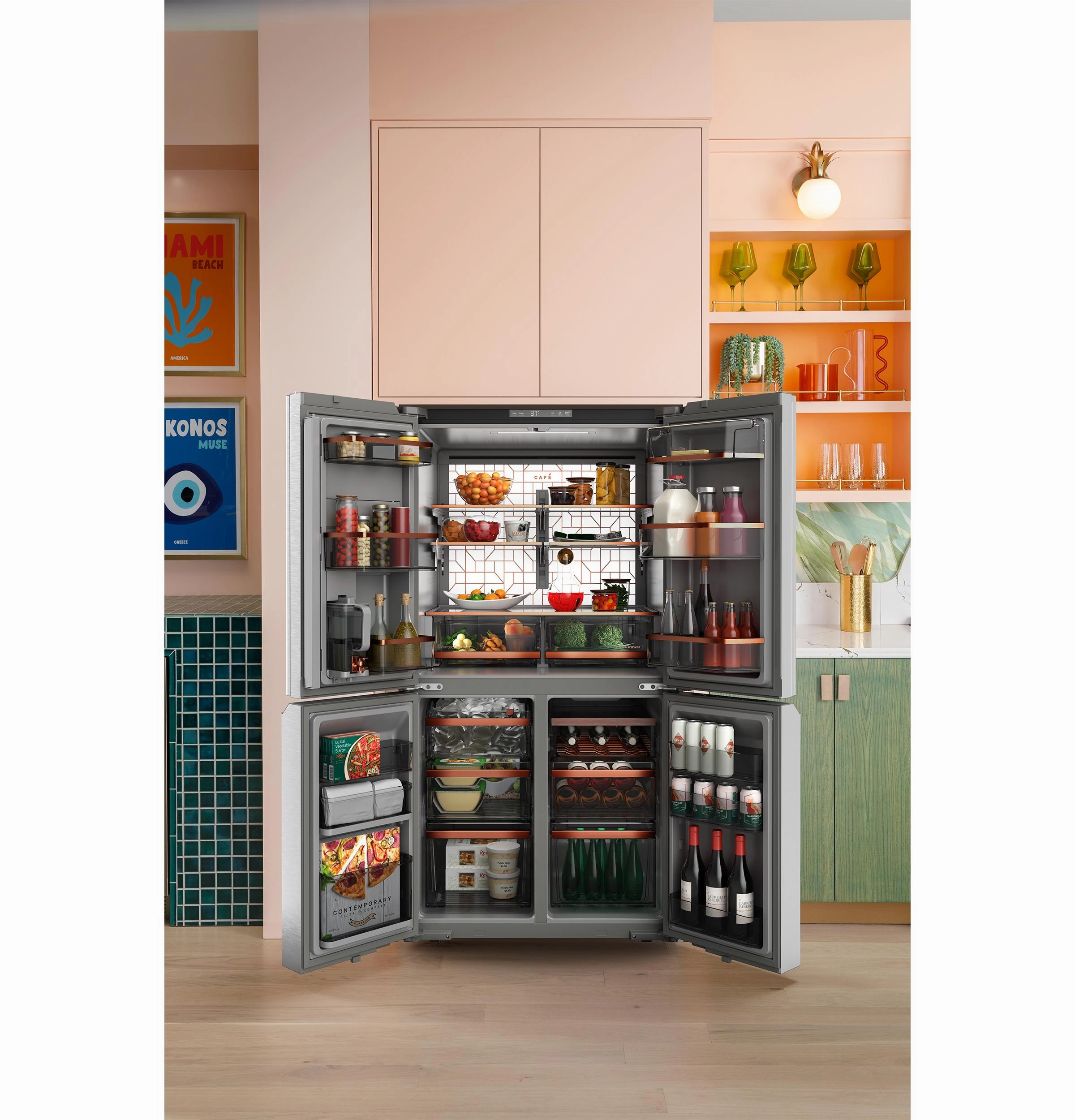Cafe CHE23DM5WS5 Caf&#8482; Energy Star? 22.9 Cu. Ft. Smart Counter-Depth Quad-Door Refrigerator In Platinum Glass With Dual-Dispense Autofill Pitcher