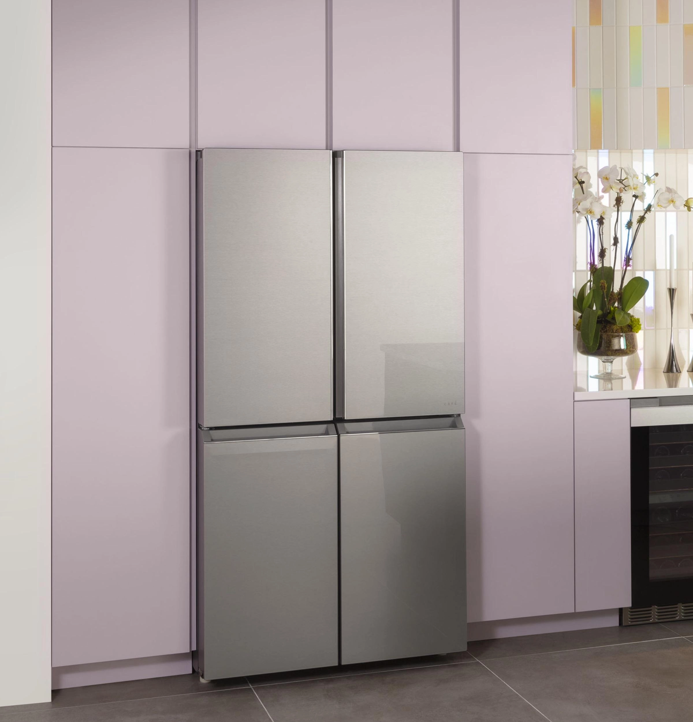 Cafe CHE23DM5WS5 Caf&#8482; Energy Star? 22.9 Cu. Ft. Smart Counter-Depth Quad-Door Refrigerator In Platinum Glass With Dual-Dispense Autofill Pitcher
