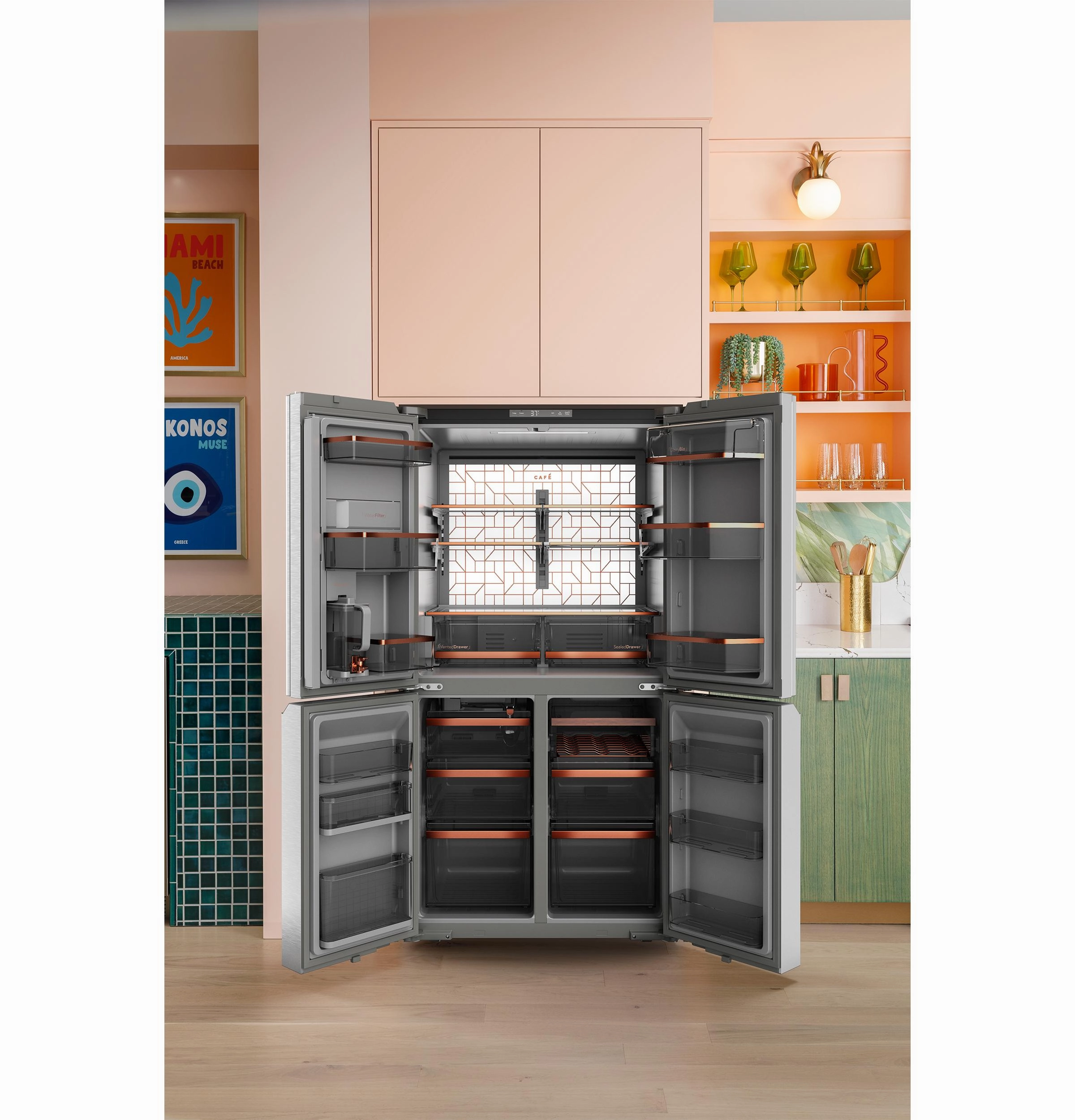 Cafe CHE23DM5WS5 Caf&#8482; Energy Star? 22.9 Cu. Ft. Smart Counter-Depth Quad-Door Refrigerator In Platinum Glass With Dual-Dispense Autofill Pitcher