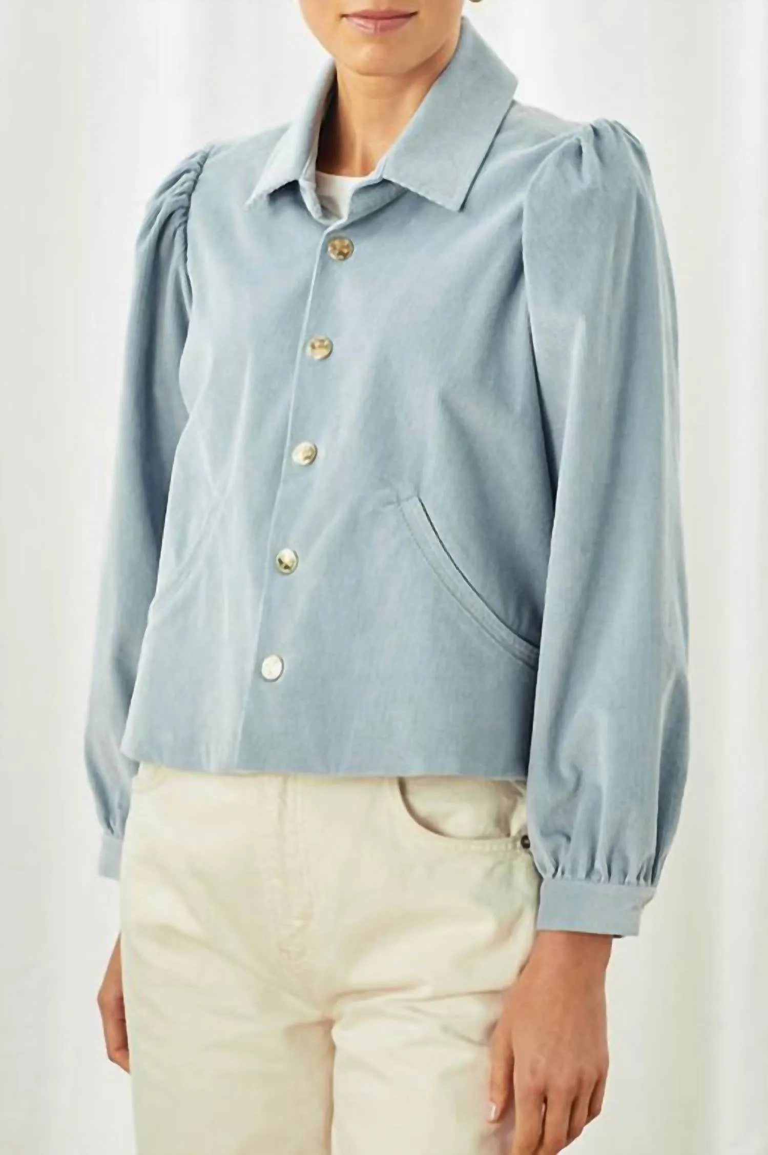 Colby Snap Front Corduroy Jacket In Mineral Blue
