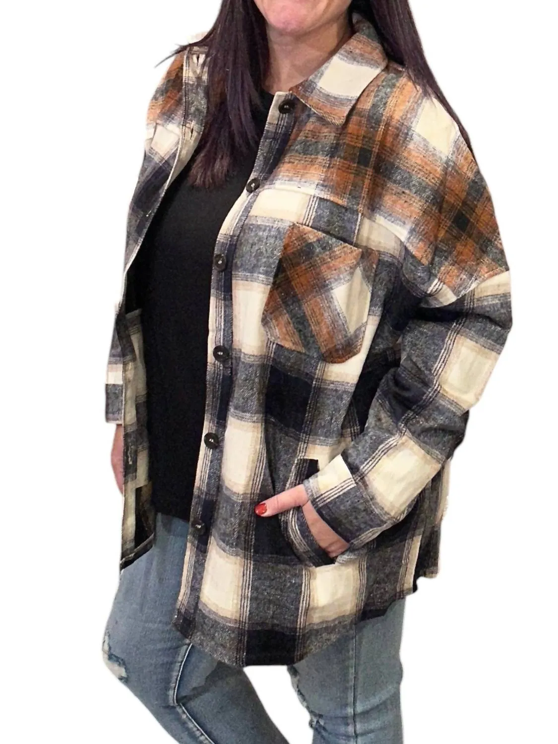 Colorblock Plaid Longline Shacket In Navy/rust