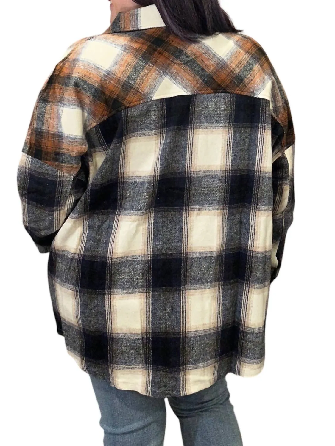 Colorblock Plaid Longline Shacket In Navy/rust