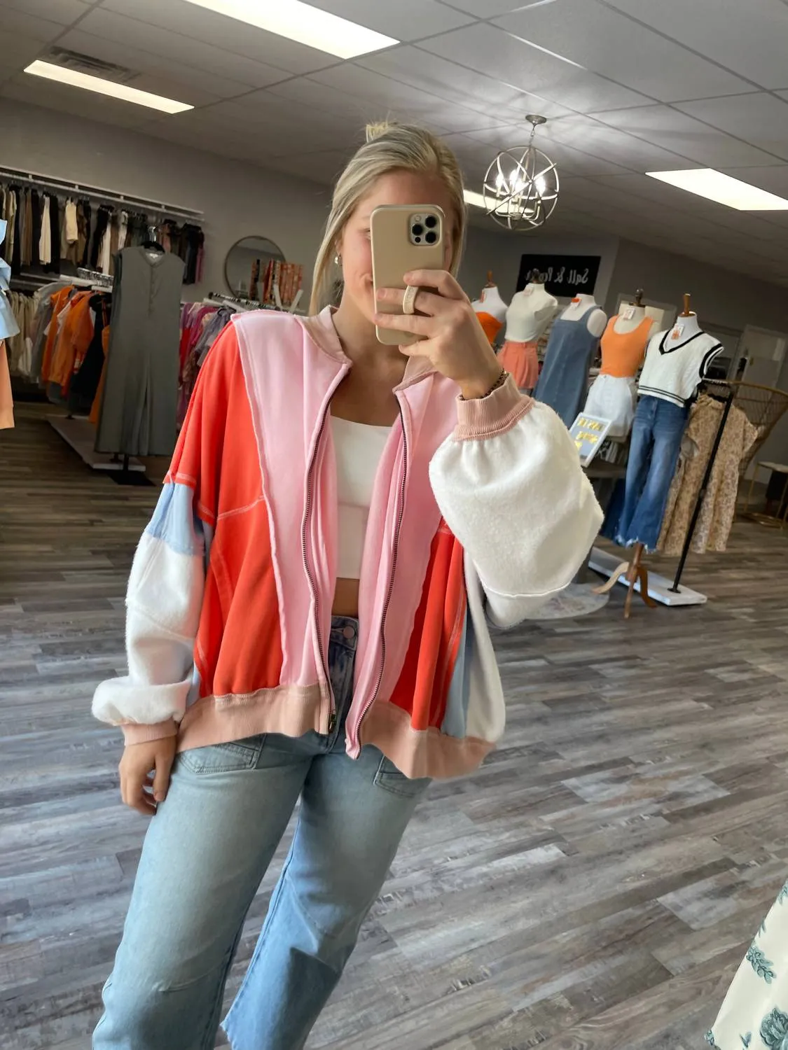 Colorblock Zip Up Jacket In Pink/orange/blue