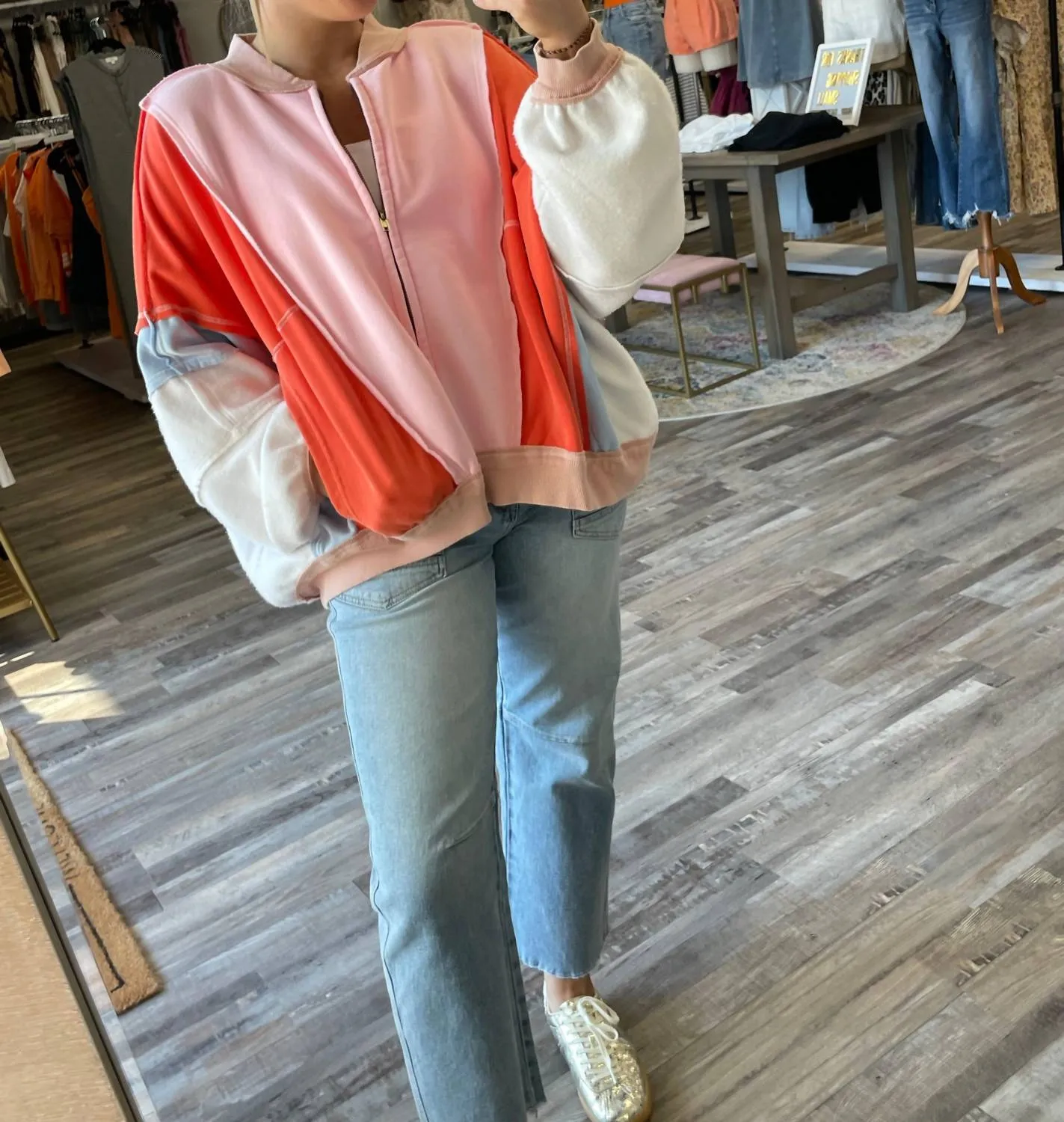 Colorblock Zip Up Jacket In Pink/orange/blue