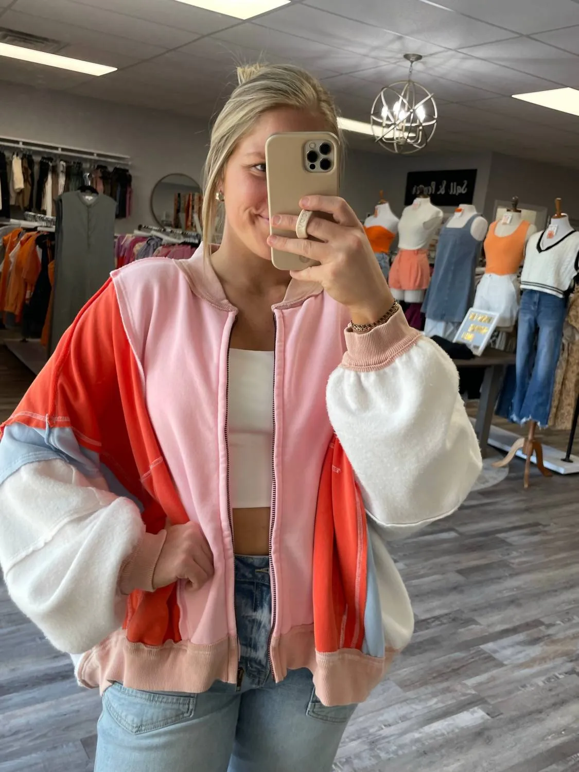 Colorblock Zip Up Jacket In Pink/orange/blue