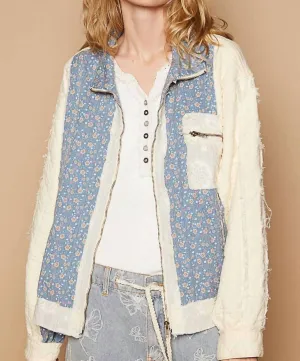 Contrast Floral Quilted Jacket In Cream