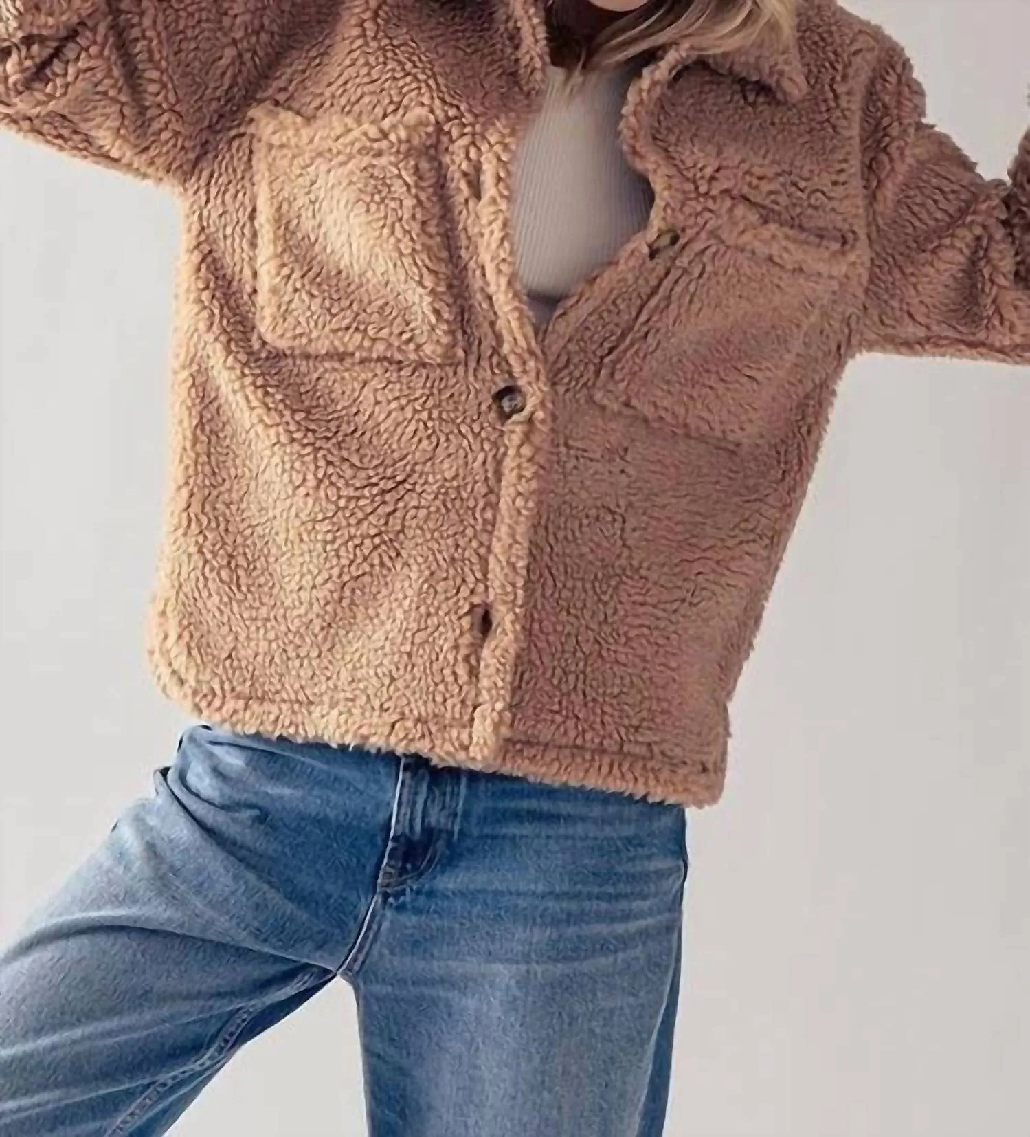 Cozy Sherpa Fleece Jacket In Camel