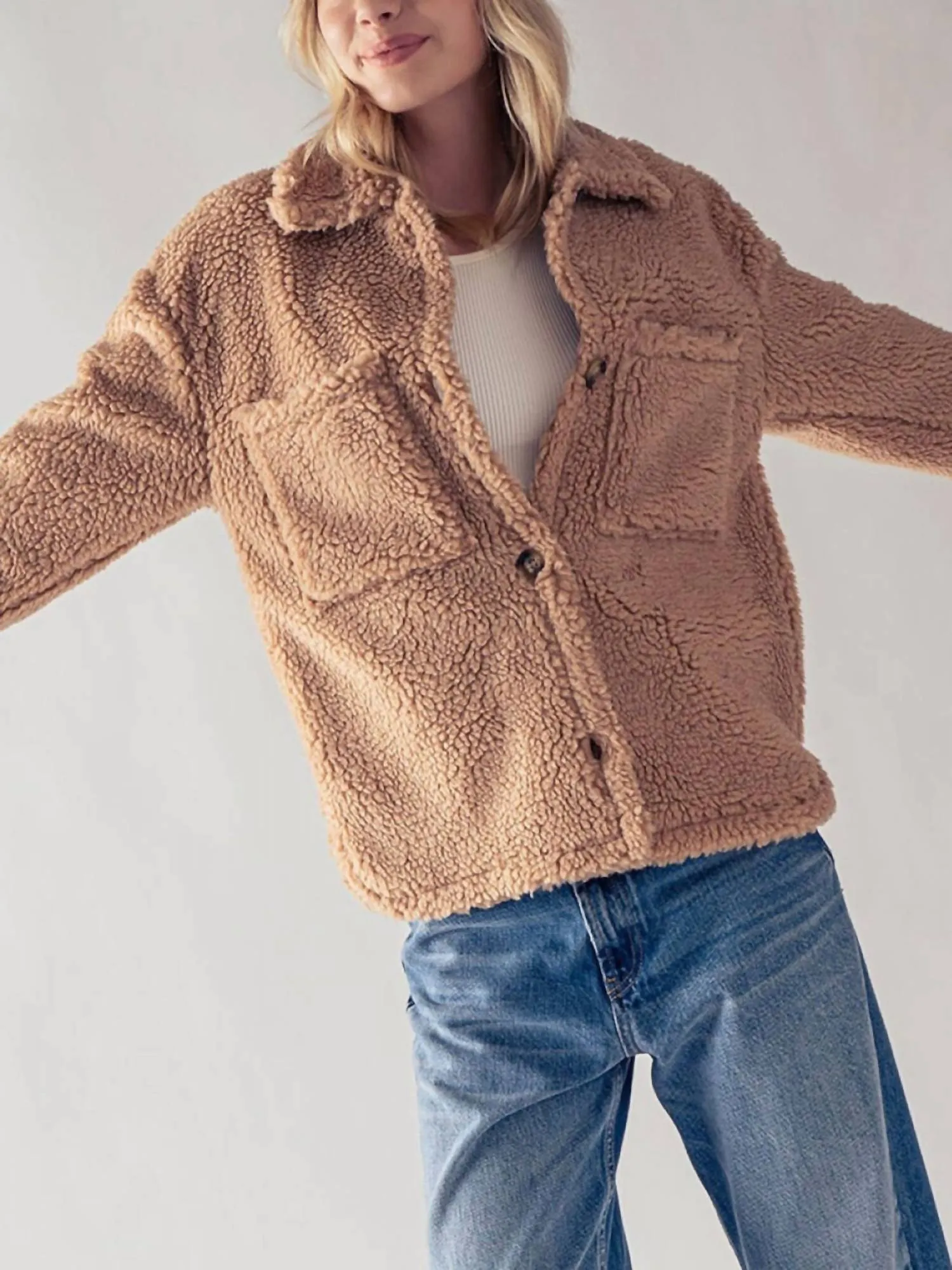 Cozy Sherpa Fleece Jacket In Camel