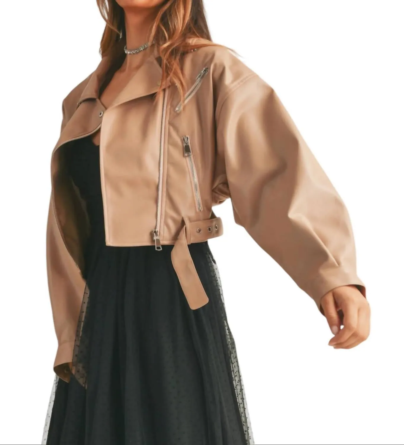 Cropped Faux Leather Moto Jacket In Dark Blush