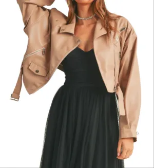 Cropped Faux Leather Moto Jacket In Dark Blush