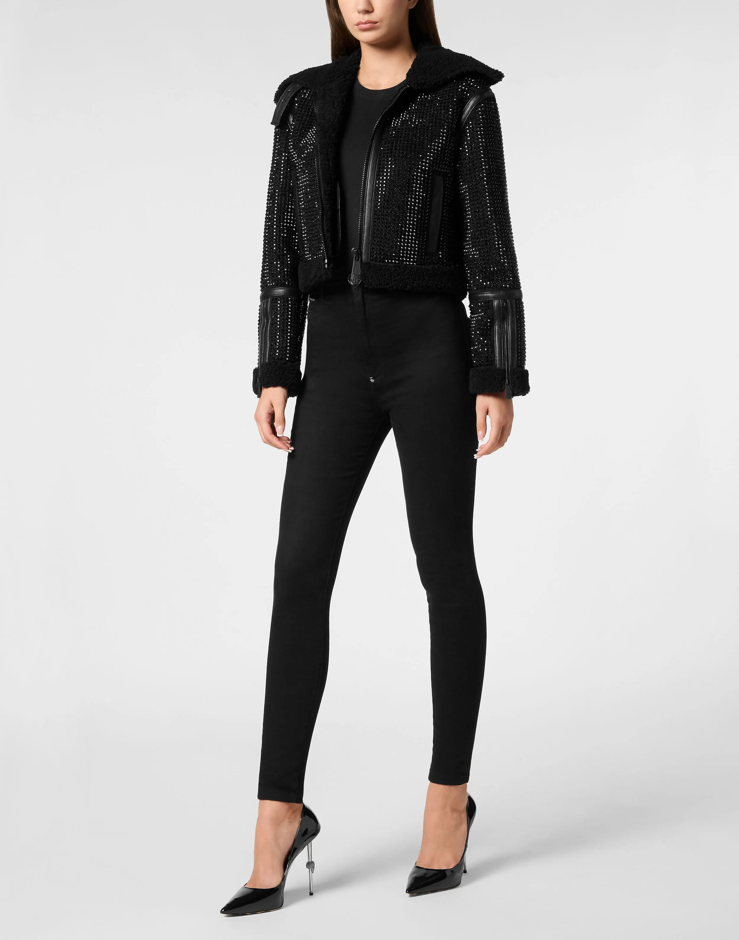 Crystal Shearling Cropped Jacket