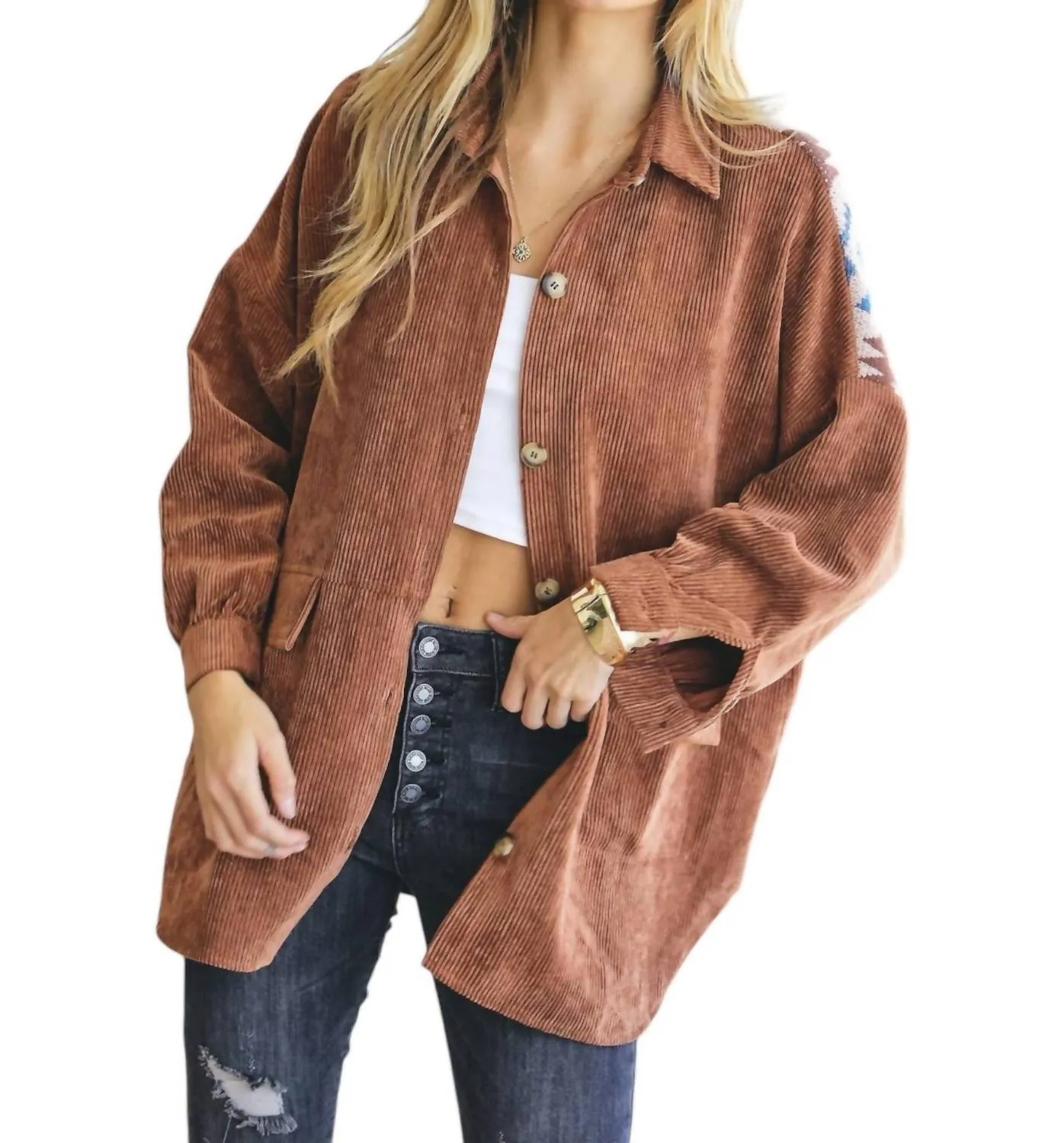 Curvy Aztec Shacket In Mocha