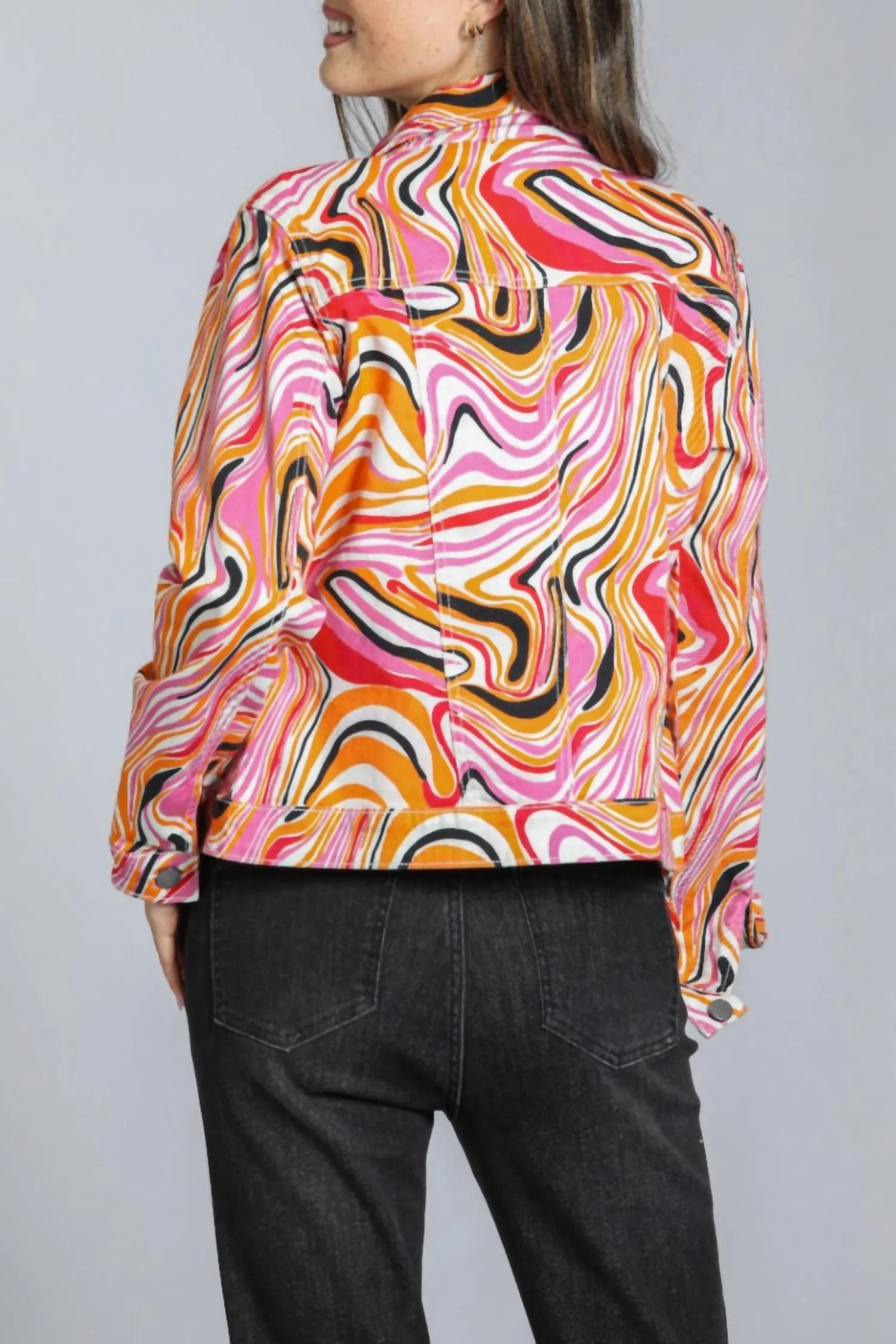 Denim Jacket In Pink Retro Swirl
