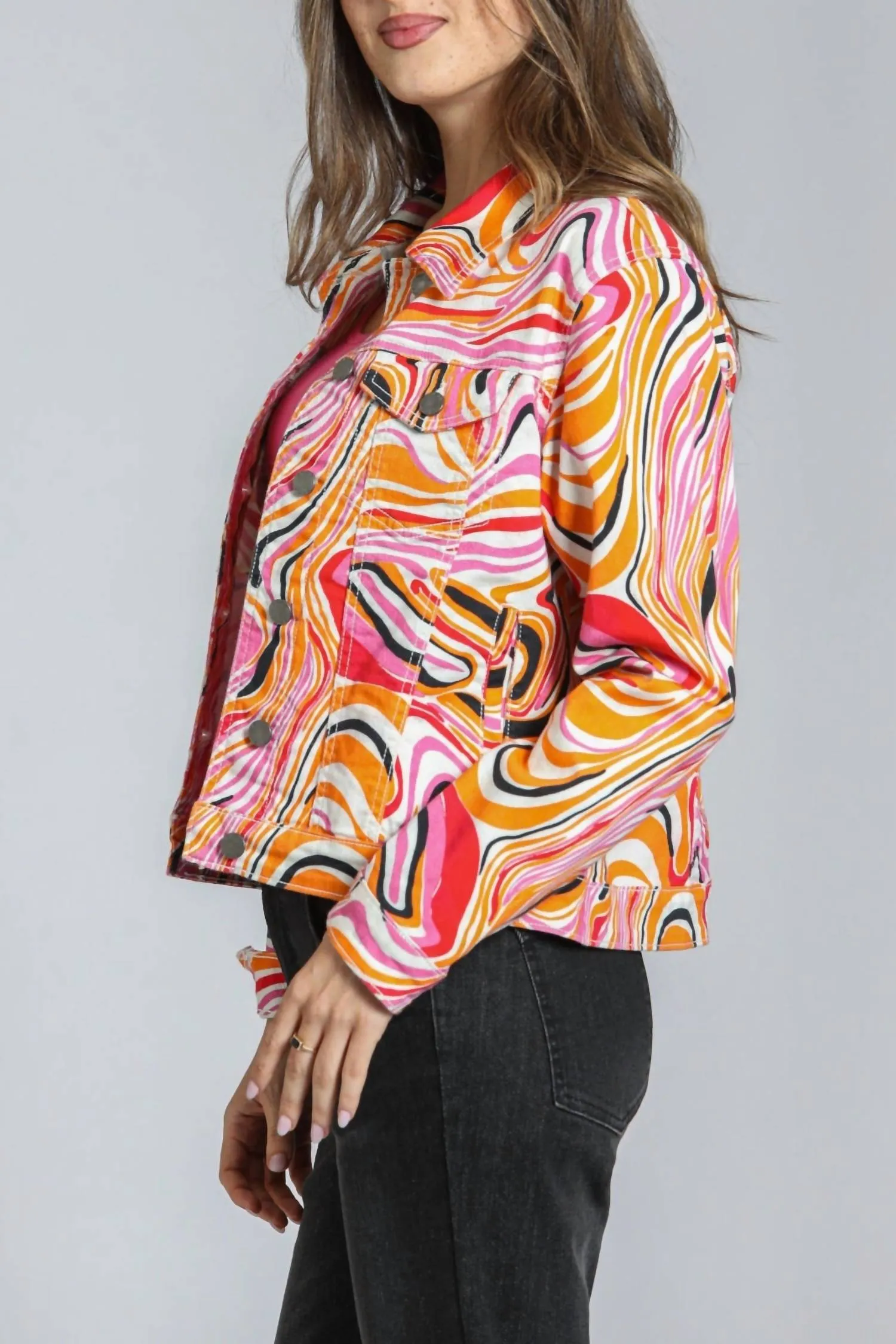 Denim Jacket In Pink Retro Swirl