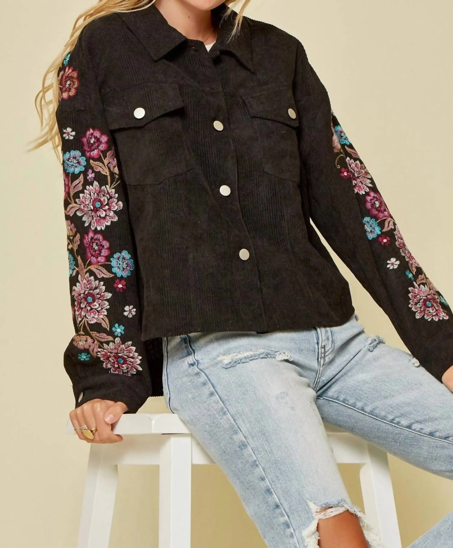 Embroidered Corduroy Jacket In Black