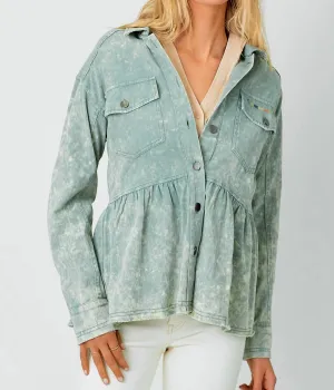 Embroidered Peplum Cotton Jacket In Washed Blue