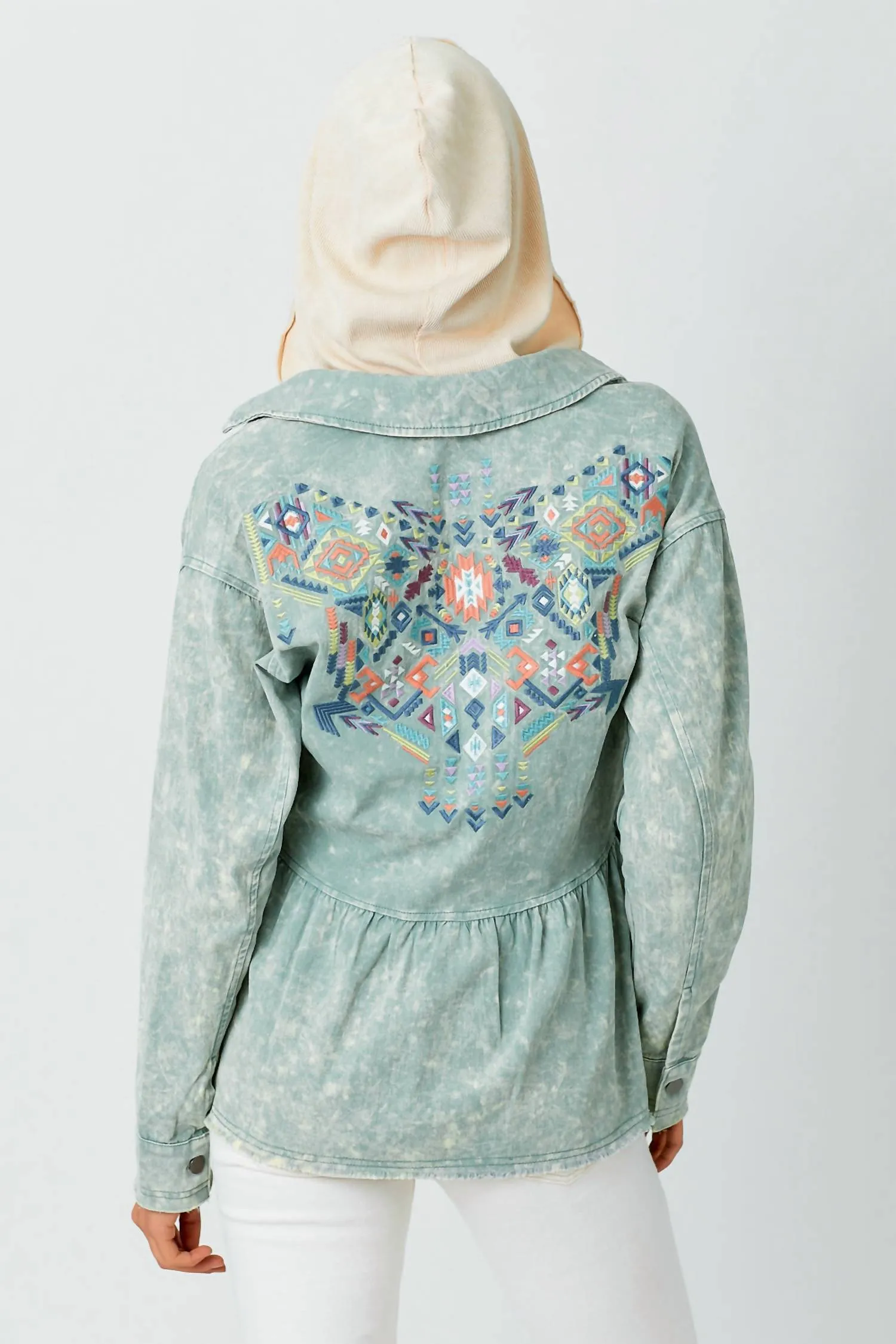 Embroidered Peplum Cotton Jacket In Washed Blue