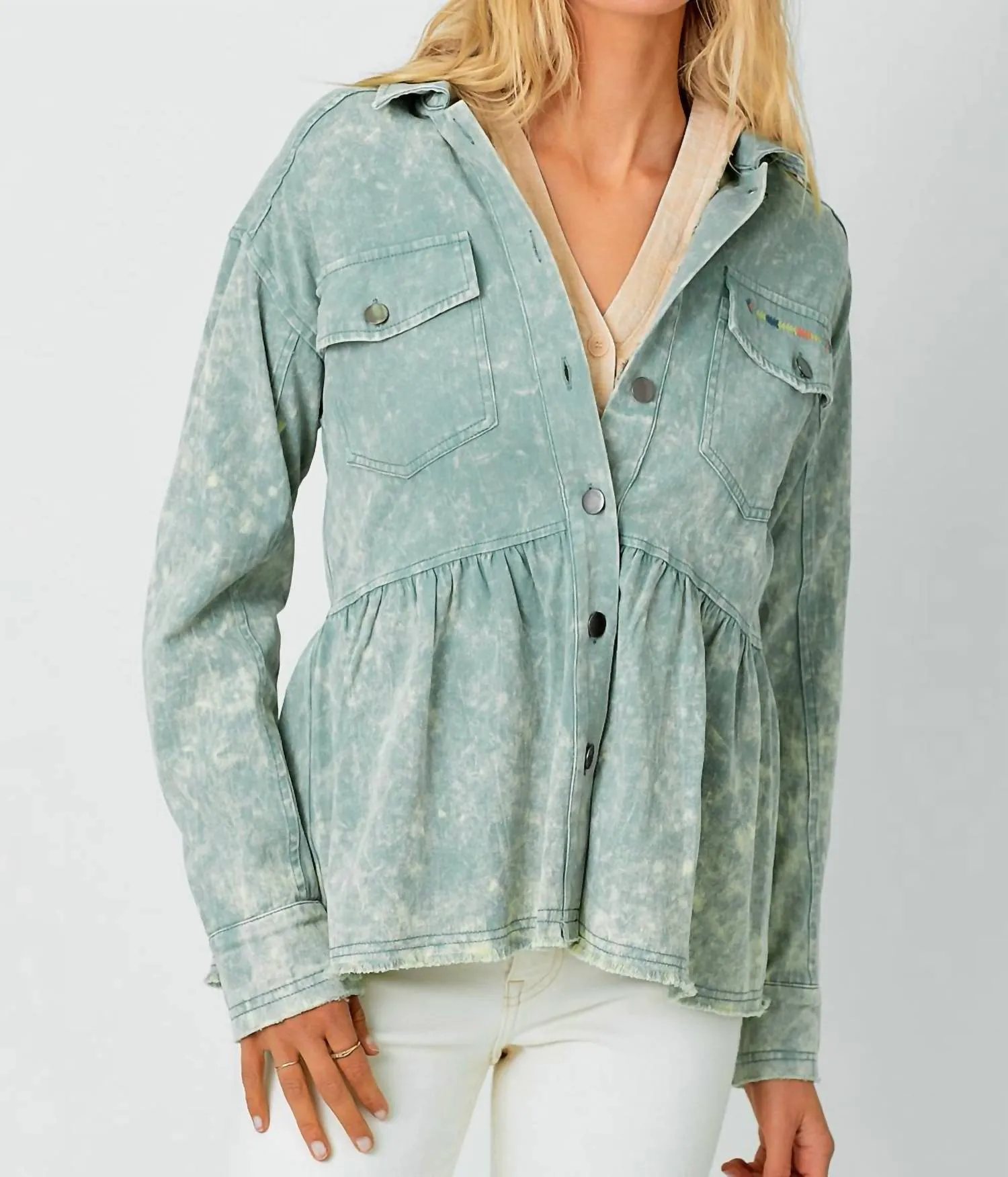 Embroidered Peplum Cotton Jacket In Washed Blue