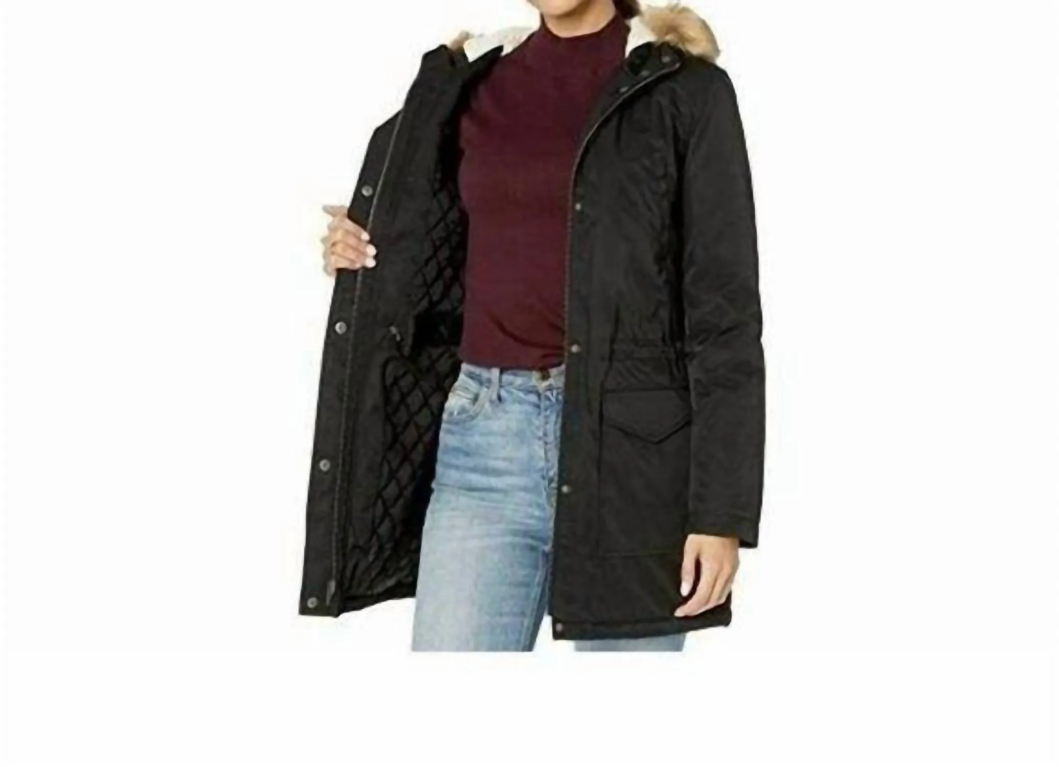 Faux Fur Trimmed Hooded Sherpa Parka Jacket In Black