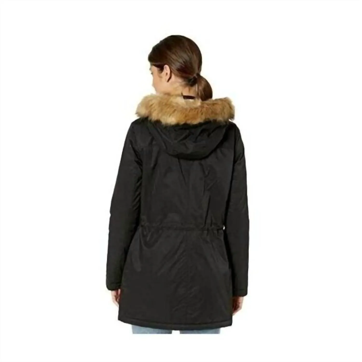 Faux Fur Trimmed Hooded Sherpa Parka Jacket In Black