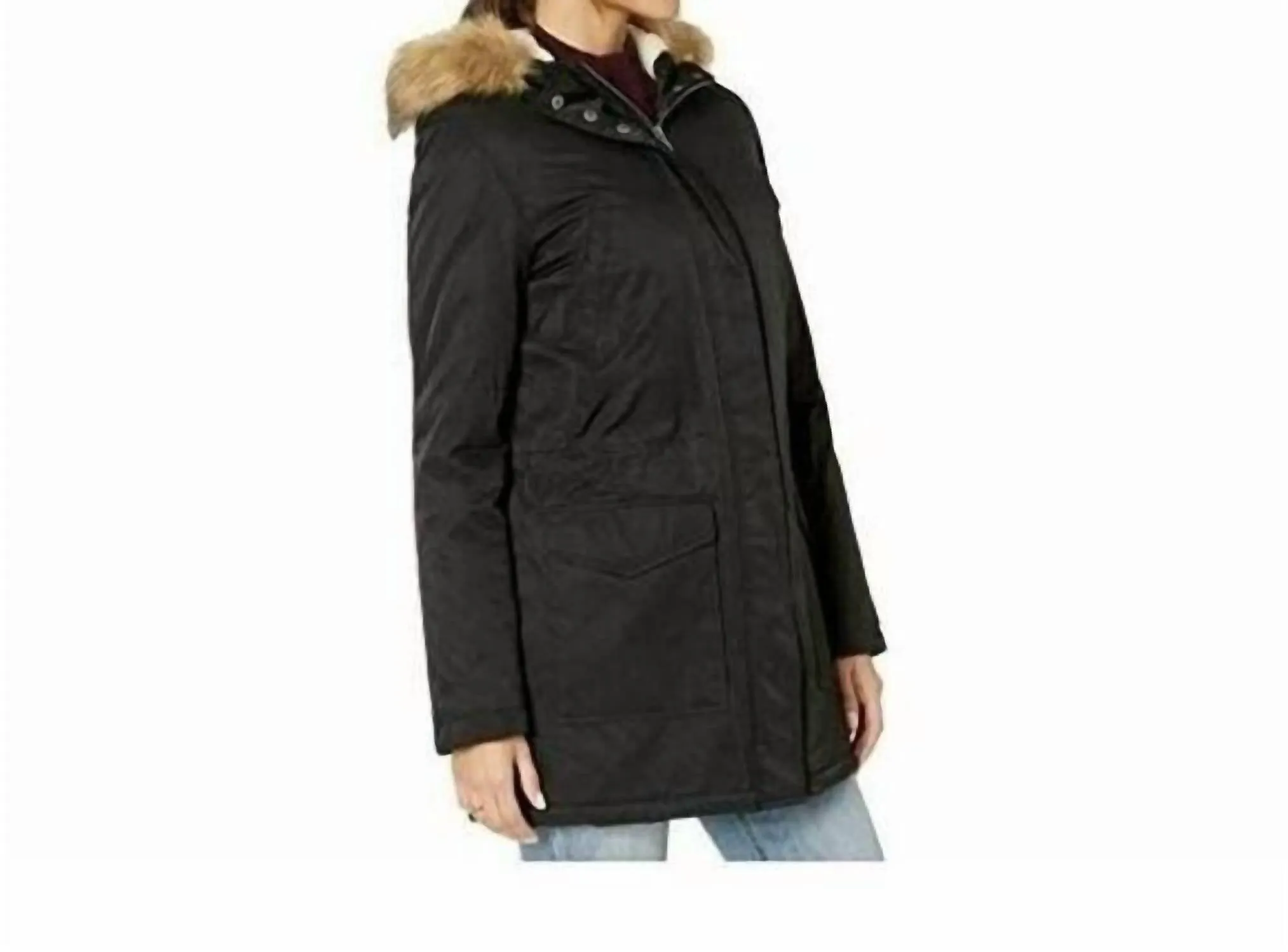 Faux Fur Trimmed Hooded Sherpa Parka Jacket In Black