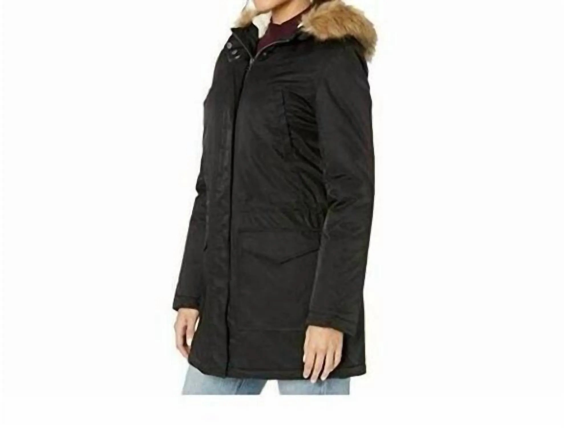 Faux Fur Trimmed Hooded Sherpa Parka Jacket In Black
