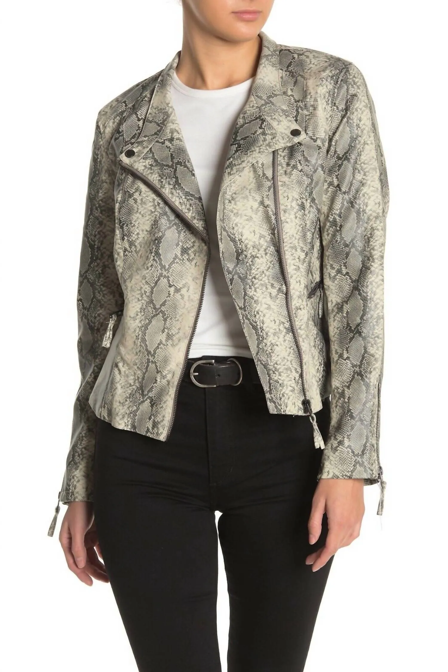 Faux Leather Snake Print Asymmetrical Moto Zip Jacket In White, Grey