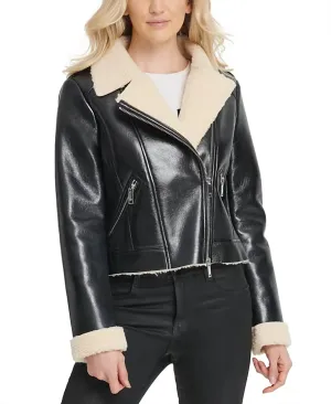 Faux Shearling Motorcycle Jacket In Black