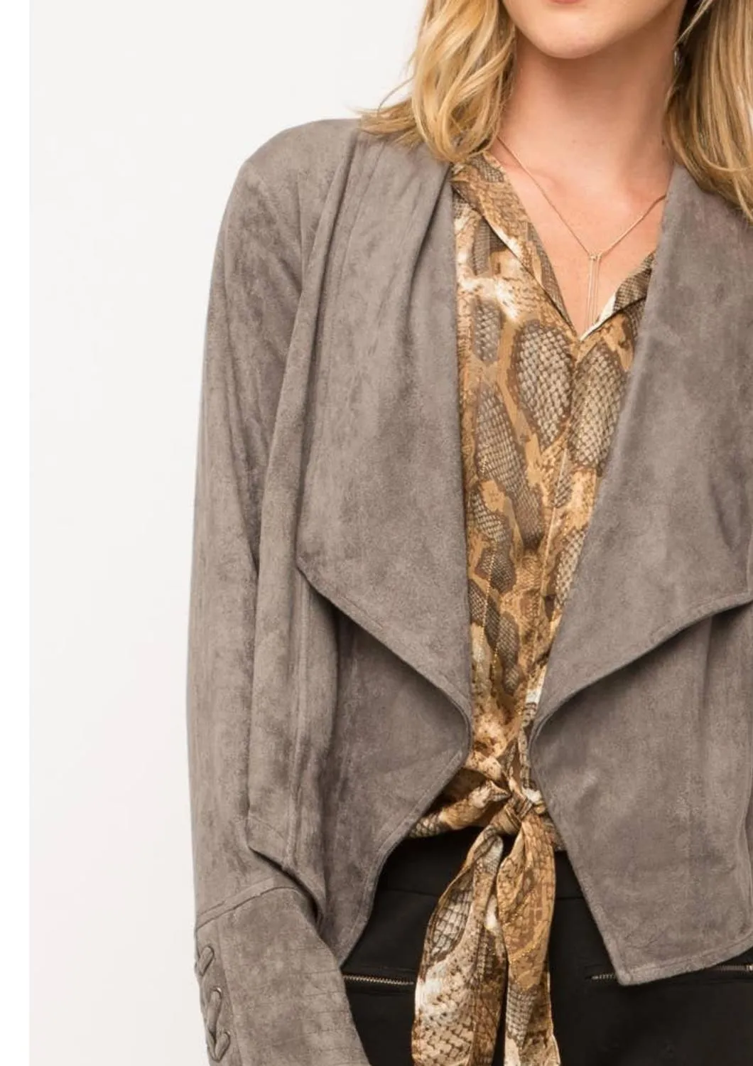 Faux Suede Draped Lapel Jacket In Charcoal