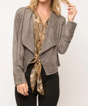 Faux Suede Draped Lapel Jacket In Charcoal
